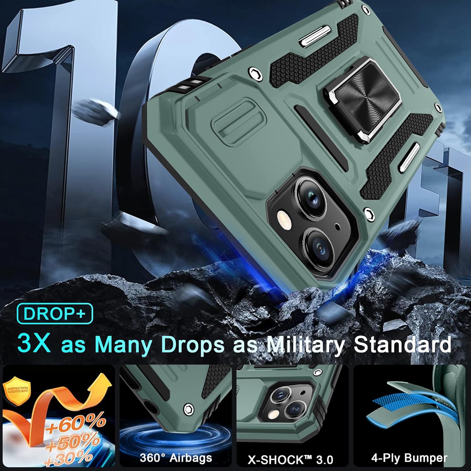 DEERLAMN Case for iPhone 14 Plus with Slide Camera Cover+Screen Protector(1 Pack), Rotated Ring Kickstand Military Grade Shockproof Protective Cover 6.7 Inch-Green - Image 4