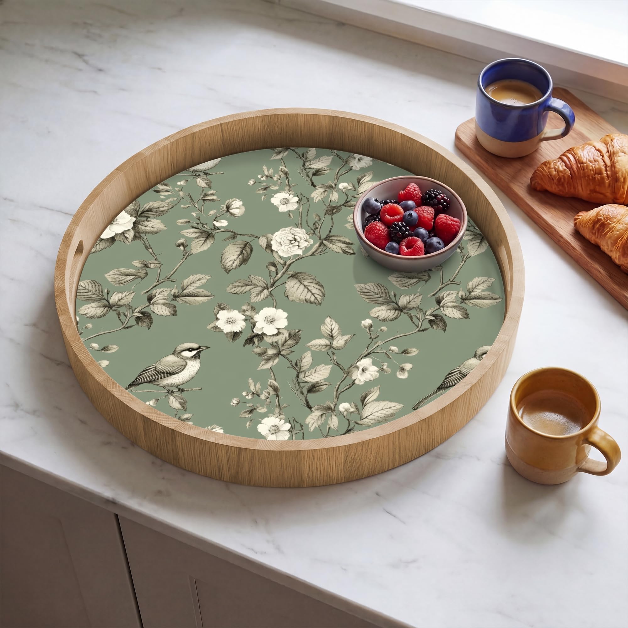 Bandejas Redonda 50x50 cm Bandeja Cafe para Servir Comida Bonitas Resistente Al Calor Tray De Madera Desayuno Cocina Tabuleiro Botánico - Pájaros - Verde