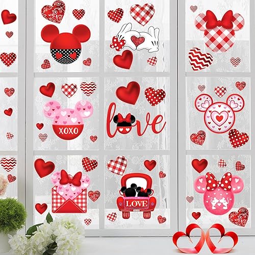 Adhesivo decorativo para ventana del día de San Valentín, con forma de ratón, feliz día de San Valentín, corazones de amor rojos y rosados,