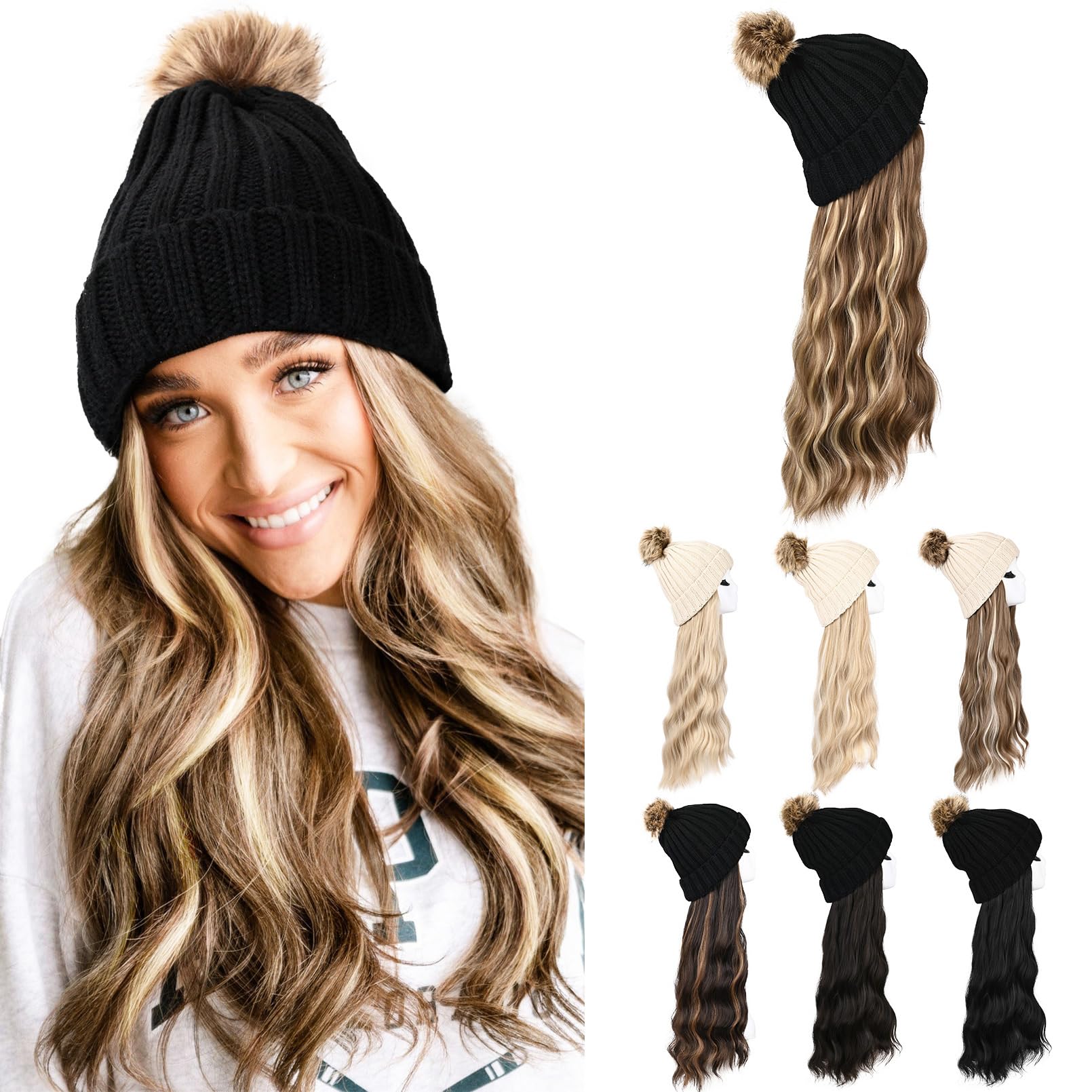 HOOJIH Knitted Beanie Wig, Hat Hair Extension Long Wavy Curly Black Hat Wig with Faux Fur Pom Hat Attached 18 Inch Synthetic Hairpiece for Women Girls Winter - Light Brown with Medium Golden Blonde