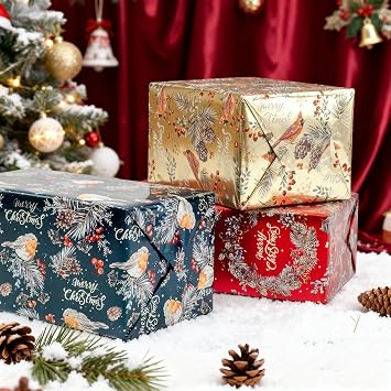 LDGOOAEL Mini Christmas Wrapping Paper Rolls (17x120) - Easy-Tear Cut Lines on Back, Red & Gold & Green robin/Cardinal/holly/pinecones with Metallic Shine for Small/Medium Gifts