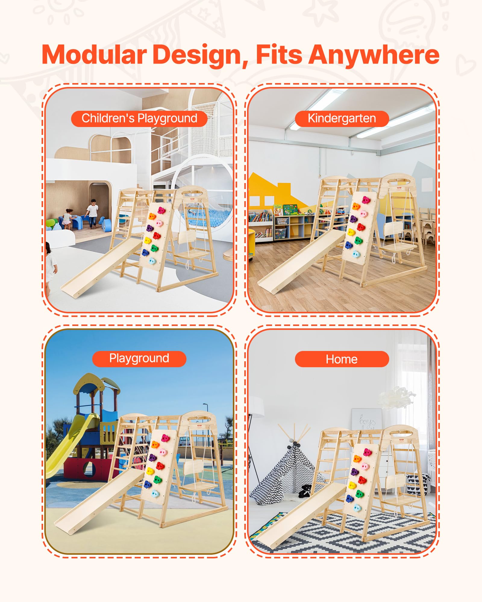 VEVOR Indoor Klettergerüst, 7-in-1 Multifunktional Spielplatz, mit Holz- & Seilleiter, Netzleiter, Schaukel, Kletterstange, Rutsche, Kletterwand, Kletterspielzeug für Kinder im Alter von 2-6 Jahren