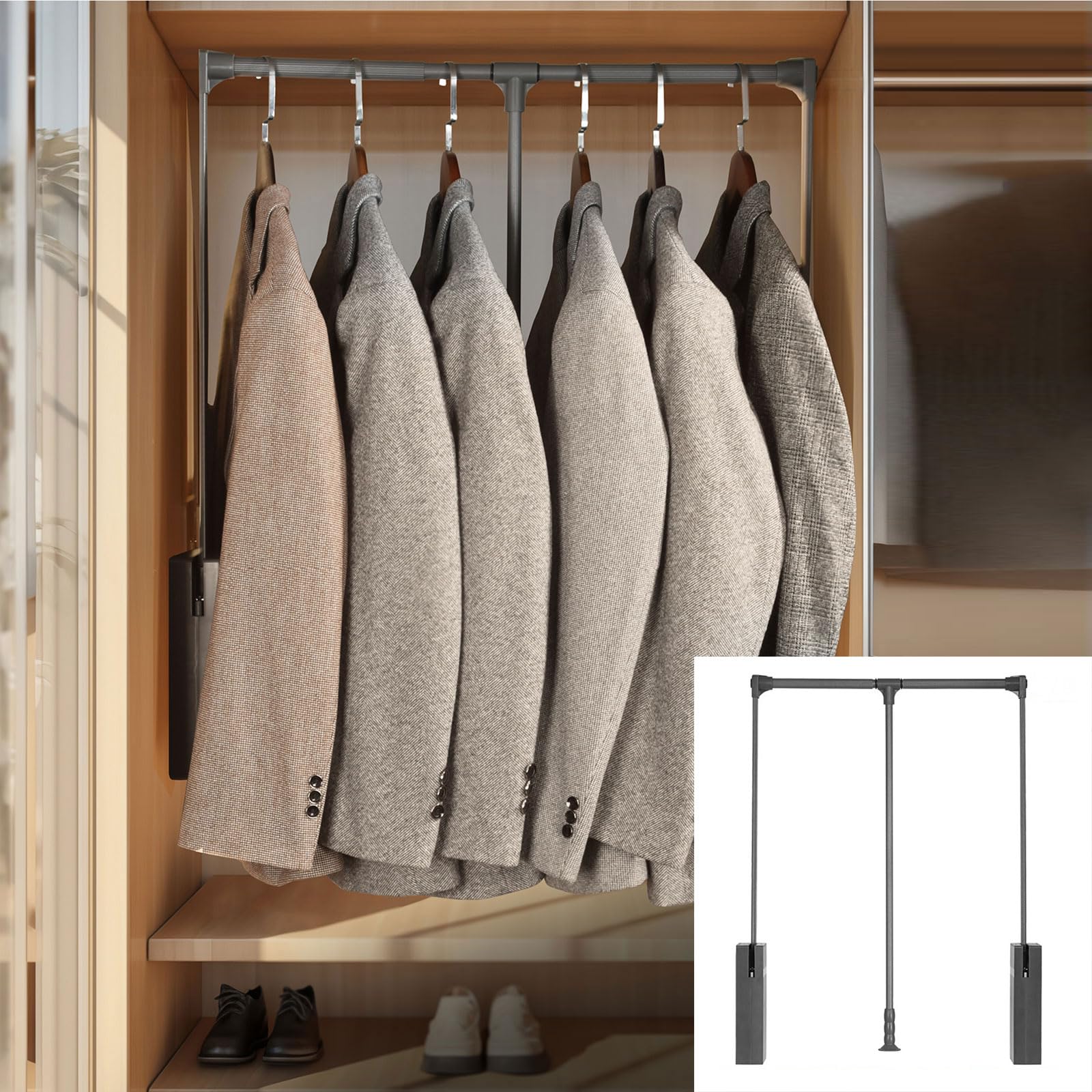 Wysuwany drążek na ubrania do szafy z miękkim powrotnym podwójnym amortyzatorem buforowym oszczędzający pracę design szary 510 660 mm (S)