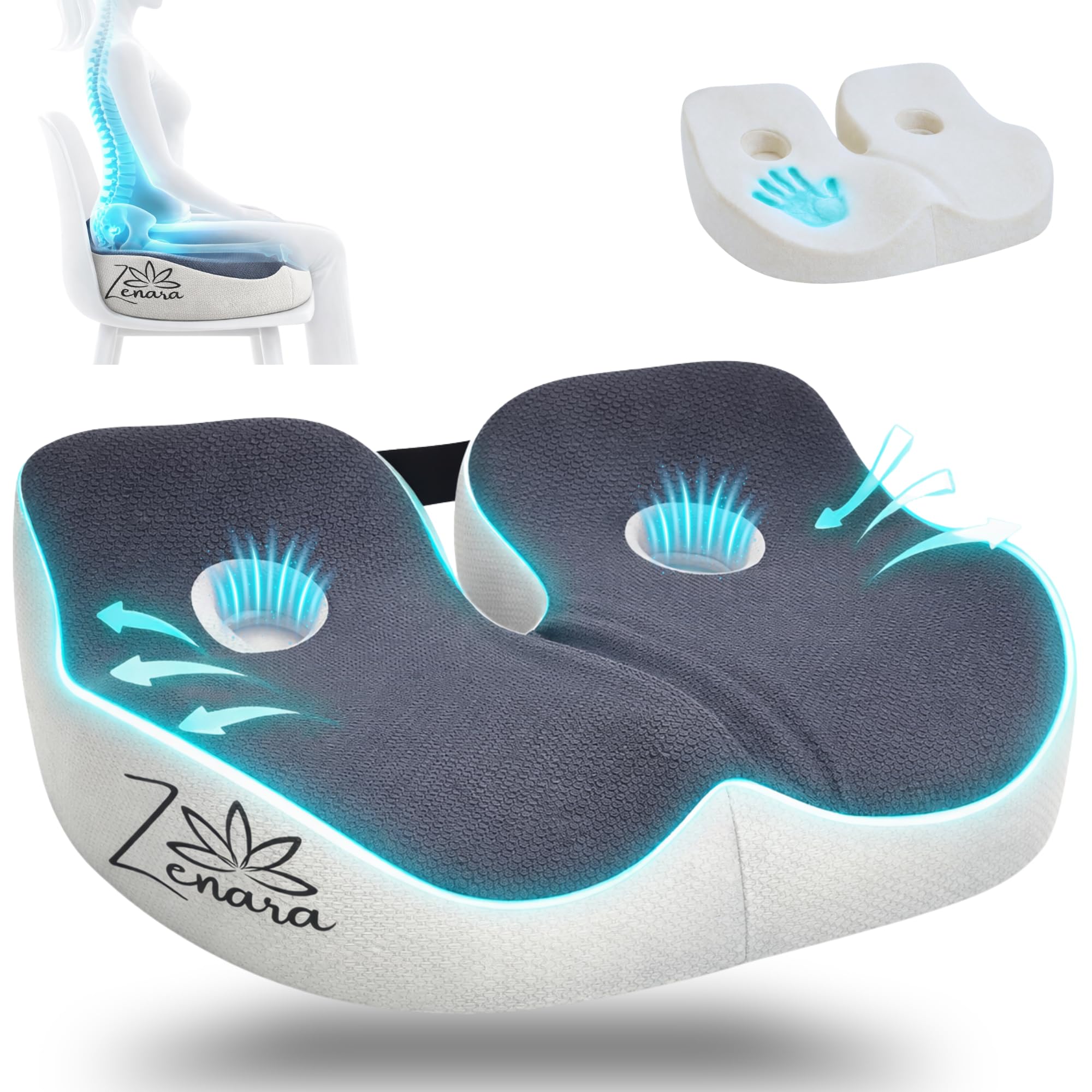 Zenara Coussin Coccyx Chaise Bureau Ergonomique – Coussin Orthopédique Assise en Mousse à Mémoire de Forme – Coussin Siège Voiture et Bureau pour Améliorer la Posture et Réduire la Pression Coccyx