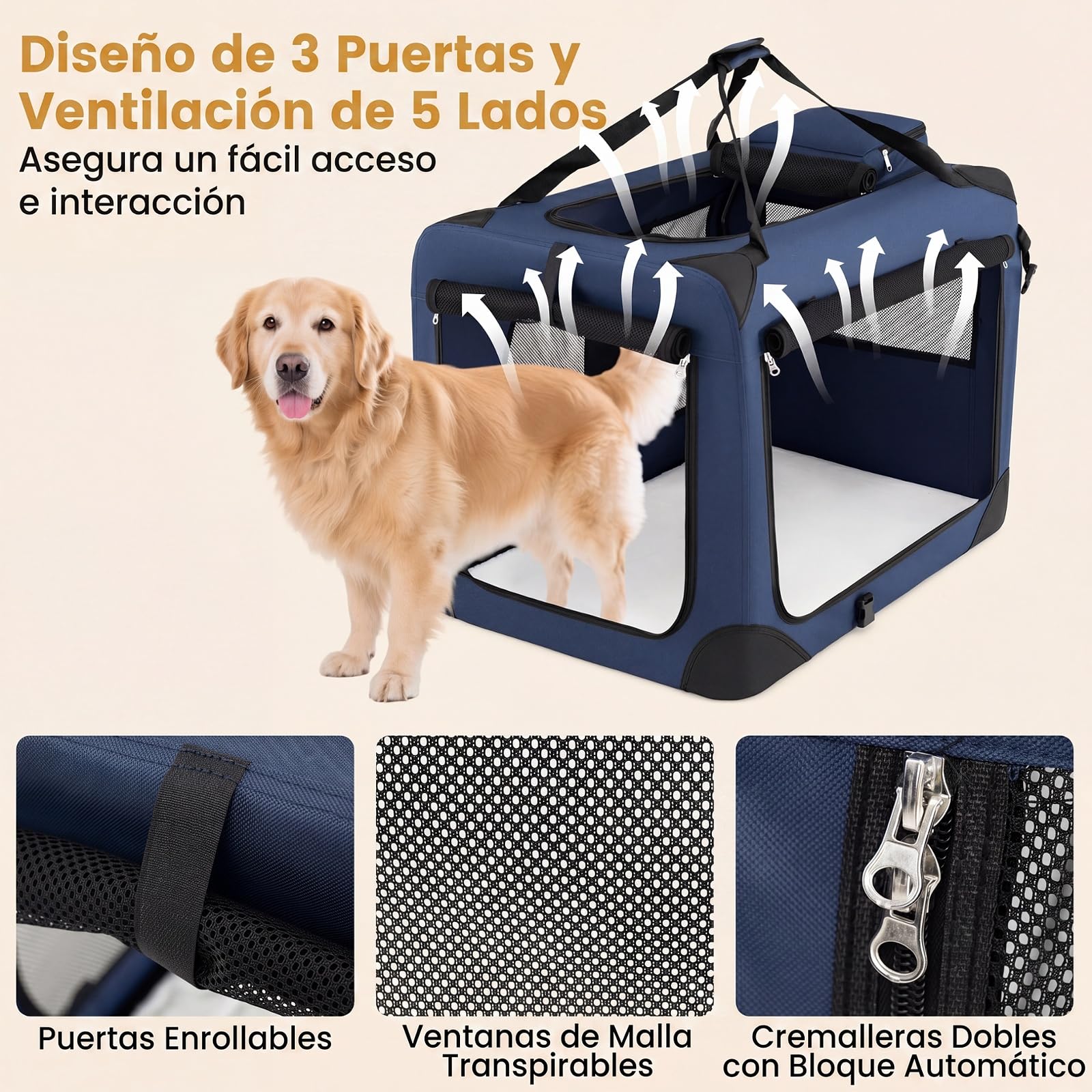 COSTWAY Transportín para Perros Plegable, Bolsa Transporte para Gatos con Ventanas de Malla, 3 Puertas y Bolsillos Extraíbles, Portador de Viaje para Mascotas Interior y Exterior (Azul,Large)