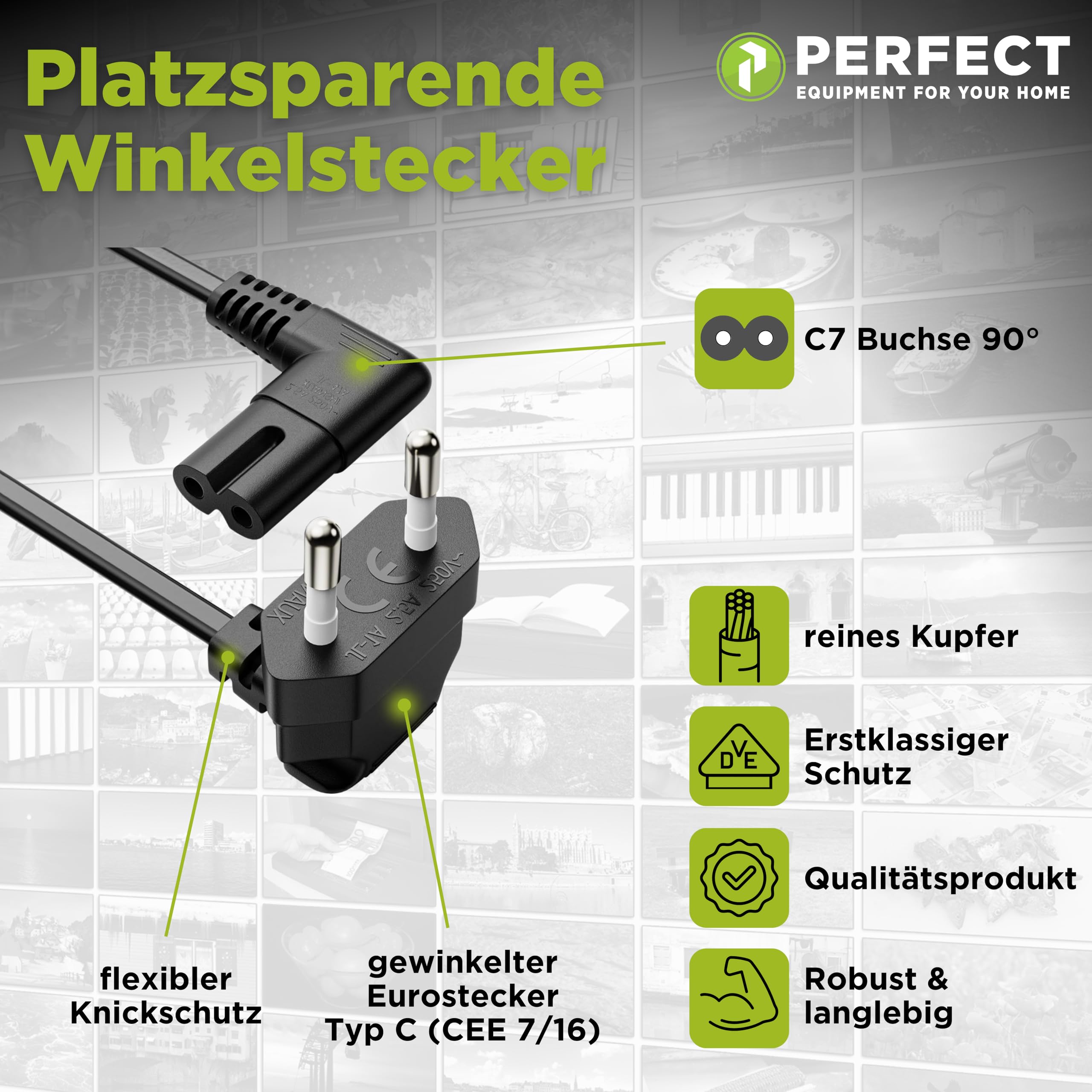 Perfect kabel zasilający, 2-biegunowy, 3 m, wtyczka euro typu C na Euro 8, gniazdo IEC C7, kąt 90°, zasilacz sieciowy do urządzeń gospodarstwa domowego, PS3, PS4, PS5, TV i wielu innych