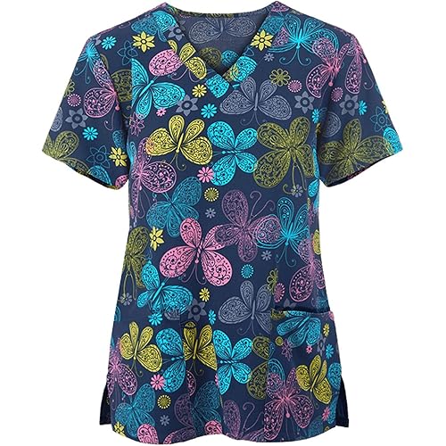 UOFOCO Womens Scrub Tops Colorful Corrugated Print Nursing Uniform Tops Summer T Shirts for Women with Two Pockets