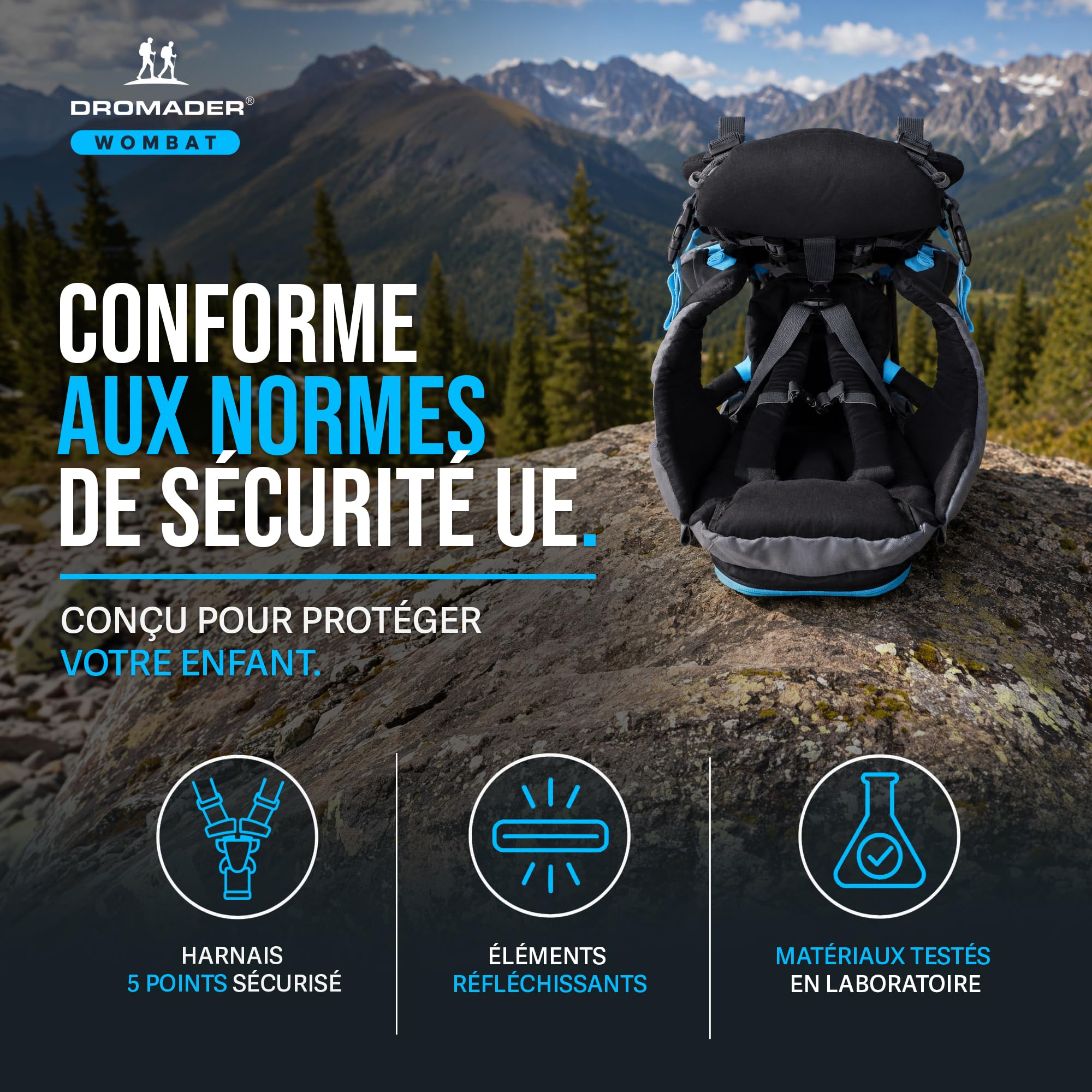 DROMADER Porte-Bébé Randonnée - Sac à Dos Porte Bébé Confortable Dorsal jusqu'à 22kg avec Pare-Soleil, Protection Pluie, Poche Isolante, Matelas à Langer - Cadre Pliable à Une Main - Noir et Bleu