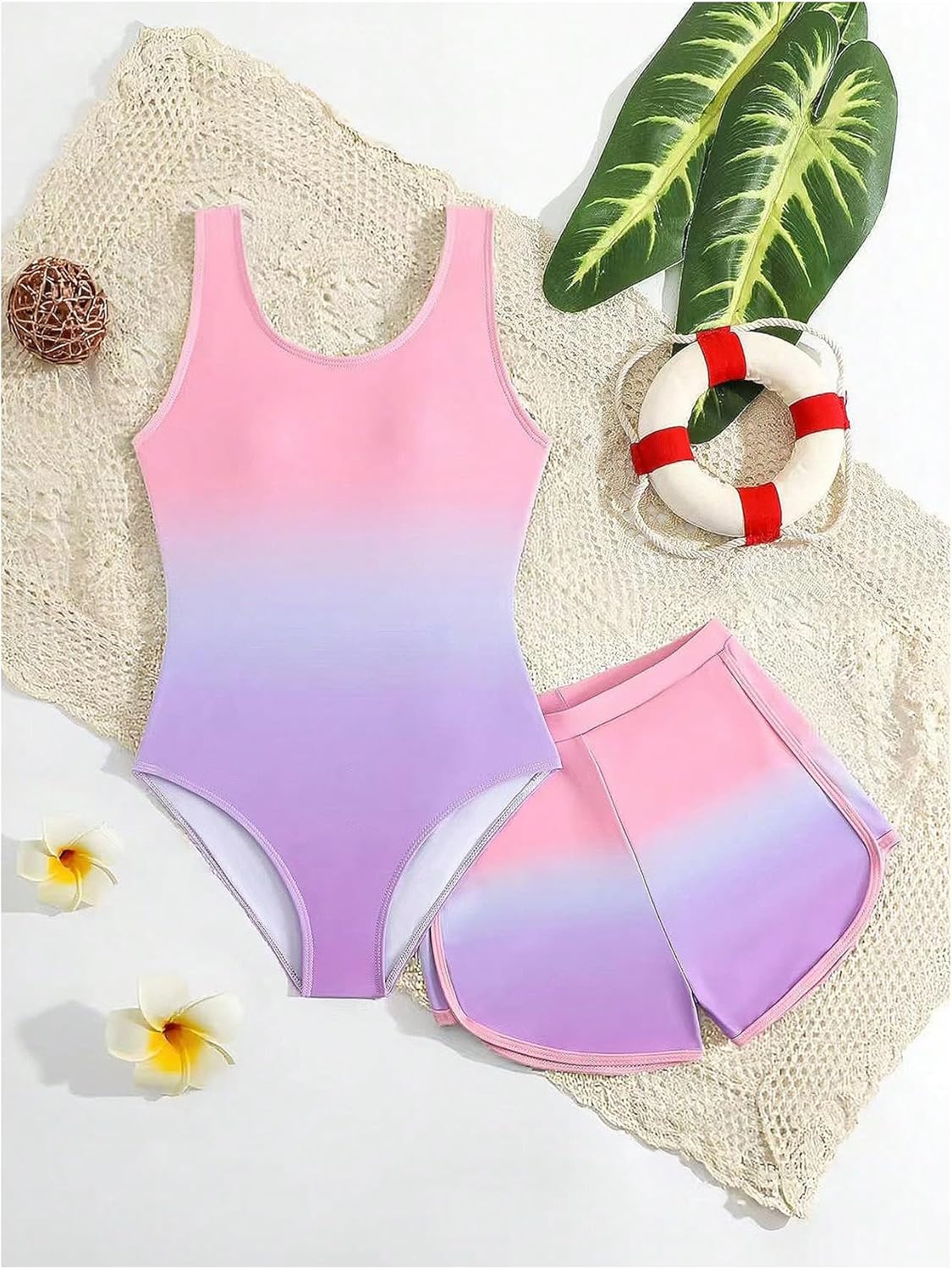 Milumia Girl's Ombre One Piece Swimsuit Scoop Neck Bathing Suit with Cover Up Shorts Swimwear