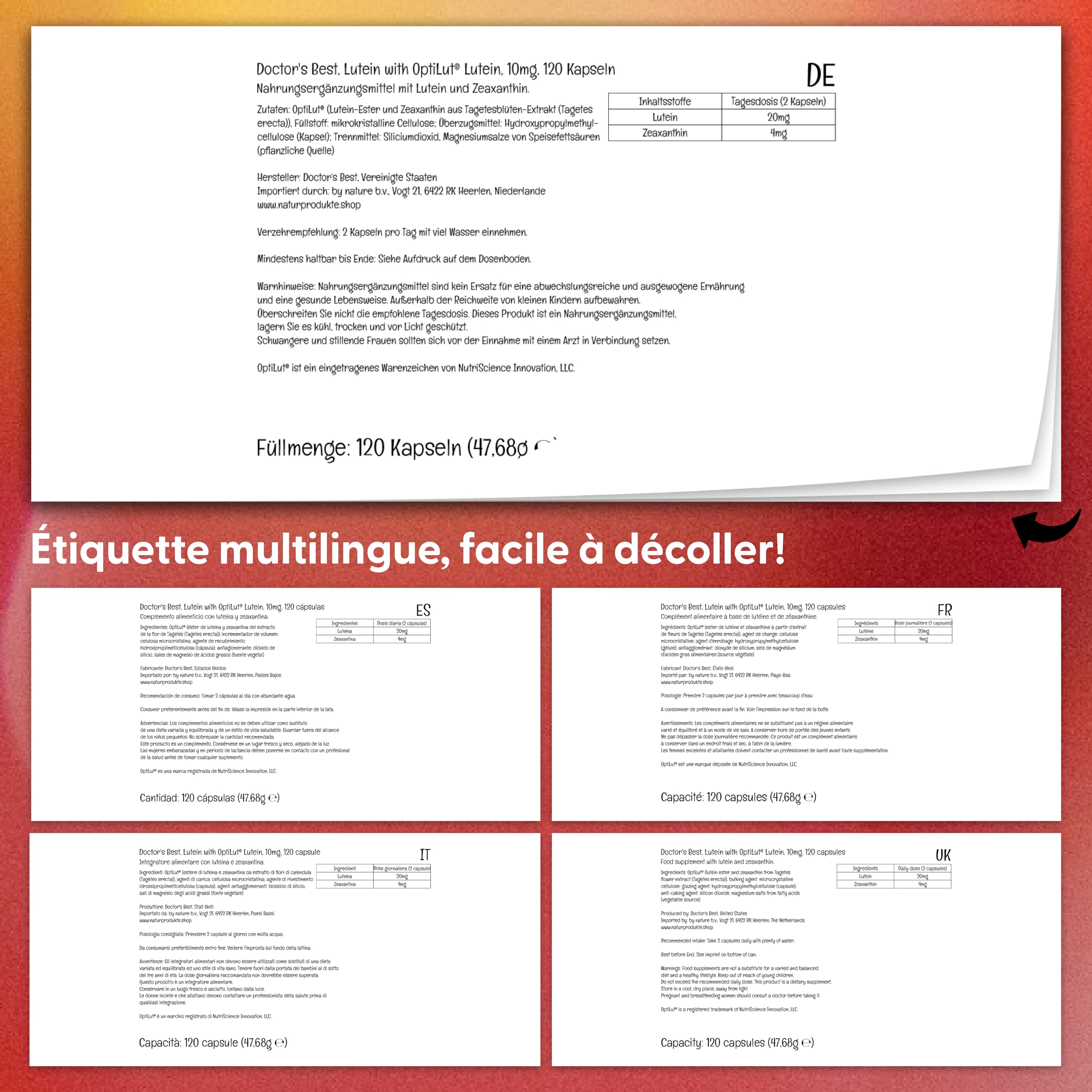 Doctor's Best, Lutéine, avec Optilut, 10 mg, 120 Capsules végétaliennes, Caroténoïde, Zéaxanthine, Testé en Laboratoire, Haute Dose, Sans Soja, Sans Gluten