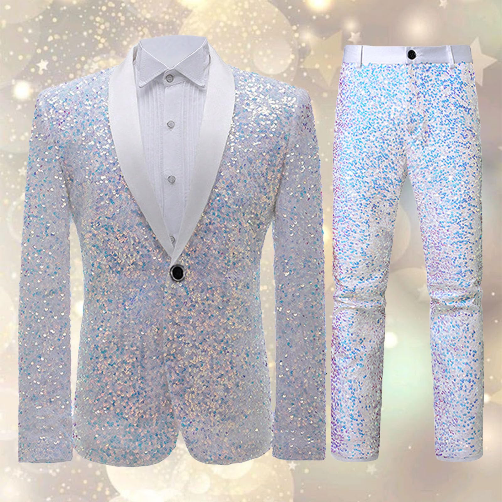 Generisch Tuta da uomo, 2 pezzi, costume da discoteca, carnevale, giacca e pantaloni lucidi, set metallizzati, con brillantini, slim fit, brillante, tuta formale