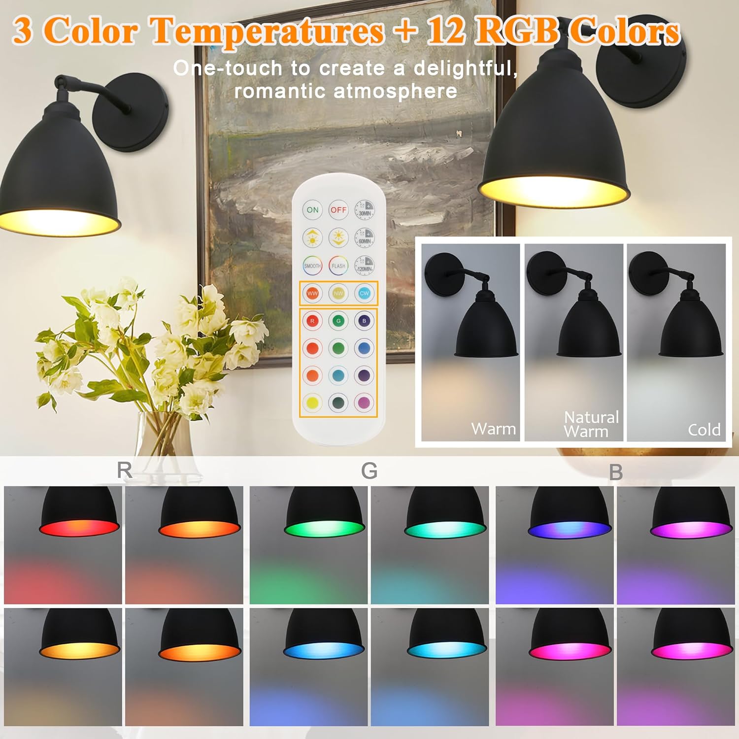 Yosoan Battery Operated Wall Sconces Set of 2, Vintage Wireless Dimmable Lights with 2 On Off Rechargeable Bulbs Sconce with Remotes Control, 15 Colors Mode Wall Lamp for Bedroom Living Room(Black)