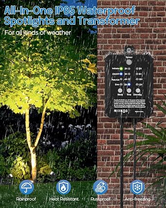 HIBOITEC Low Voltage Landscape Lighting with Transformer Photocell Sensor and Timer Spotlights Kit 68FT ETL Approved Wire Dimmable Waterproof 2700K for House Yard Trees Garden Plants Outdoor 8 Packs