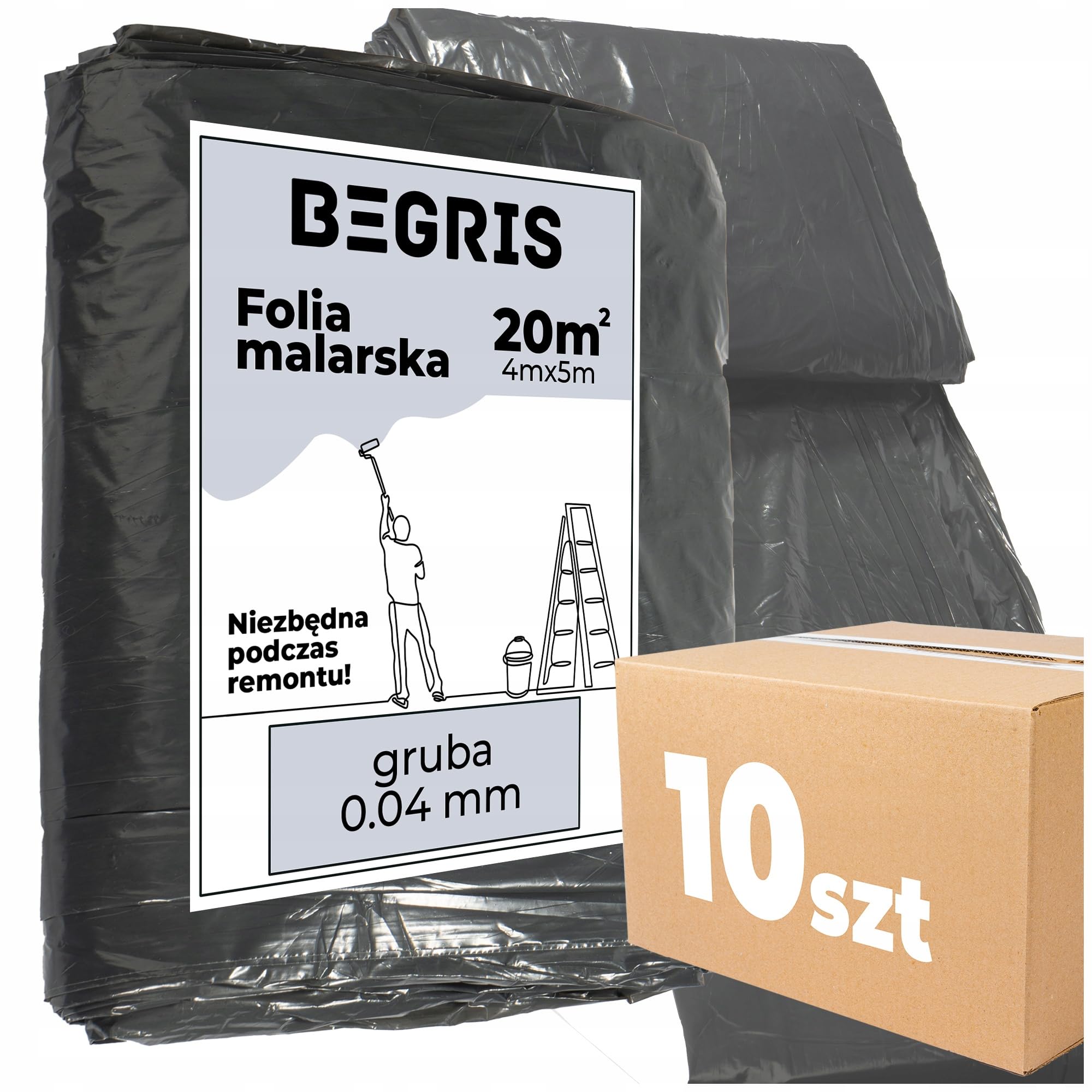 10xFolia Malarska Extra Gruba 0.04mm Na Meble, Podłogi, Okna Ochronna Plandeka do Malowania 4x5m Wytrzymała Folia Osłonowa do Malowania i Remontu Folia Ochronna Czarna 10 Sztuk