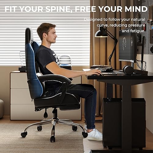 Miniatura 7 de Silla ergonómica para juegos con reposapiés, silla de oficina resistente de 330 libras, soporte lumbar de masaje, altura ajustable y almohada para