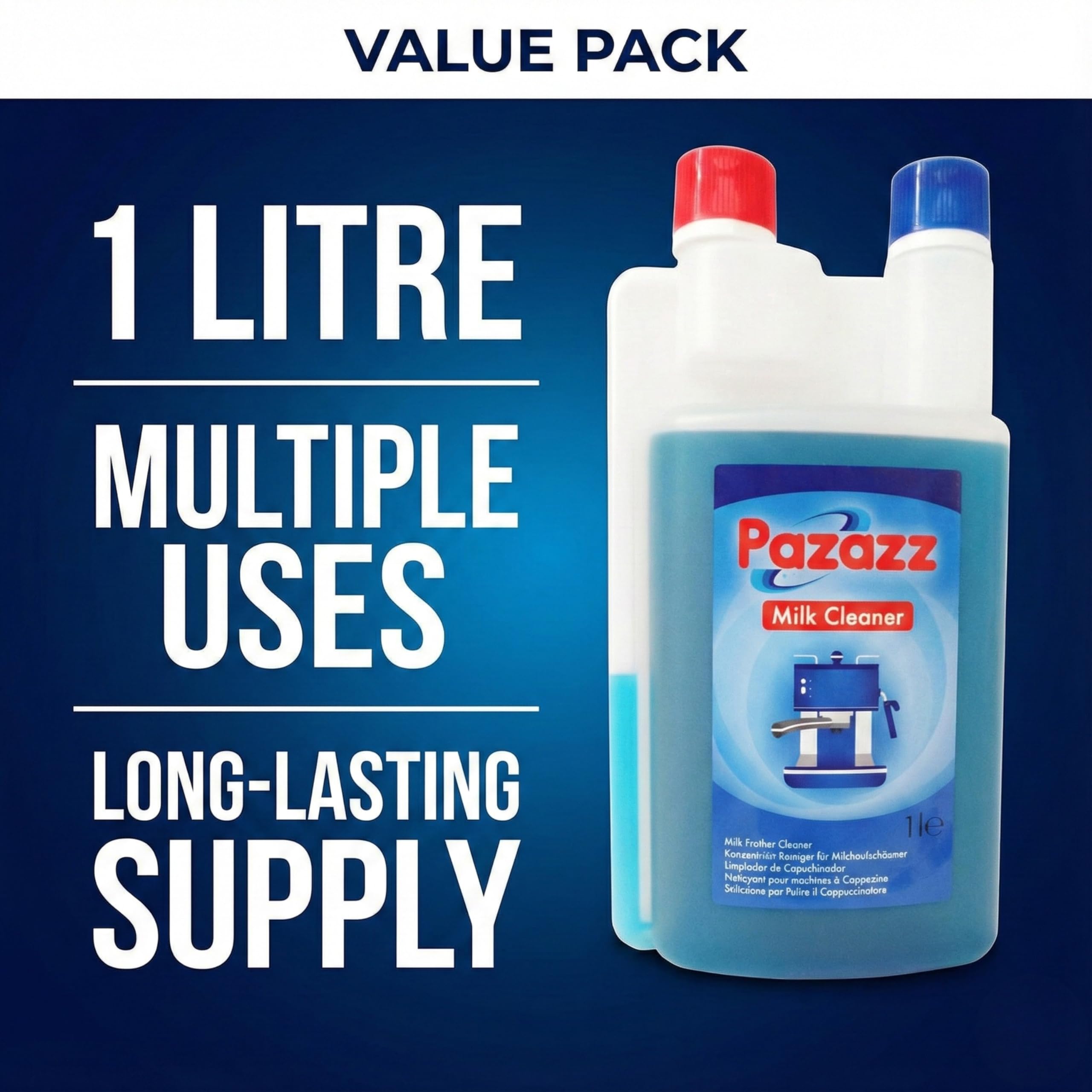 PAZAZZ Detergente per Montalatte – Liquido per Macchine da Caffè ed Espresso – Rimuove i Residui di Latte – Uso Domestico e Professionale – 1000ml – Confezione da 12