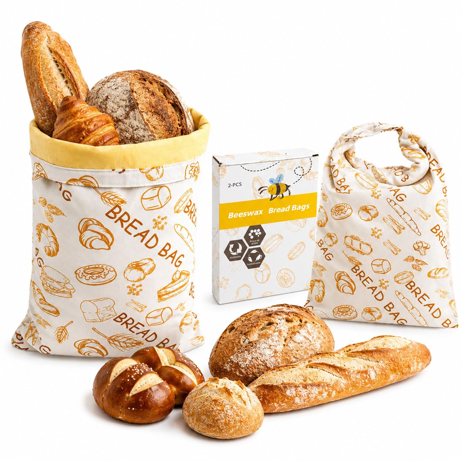 LoafGuard Beeswax Bread Bags - Reusable bread bags, 100% pure cotton beeswax lining, keeps bread naturally fresh, eco-friendly kitchen storage, natural bread preserver