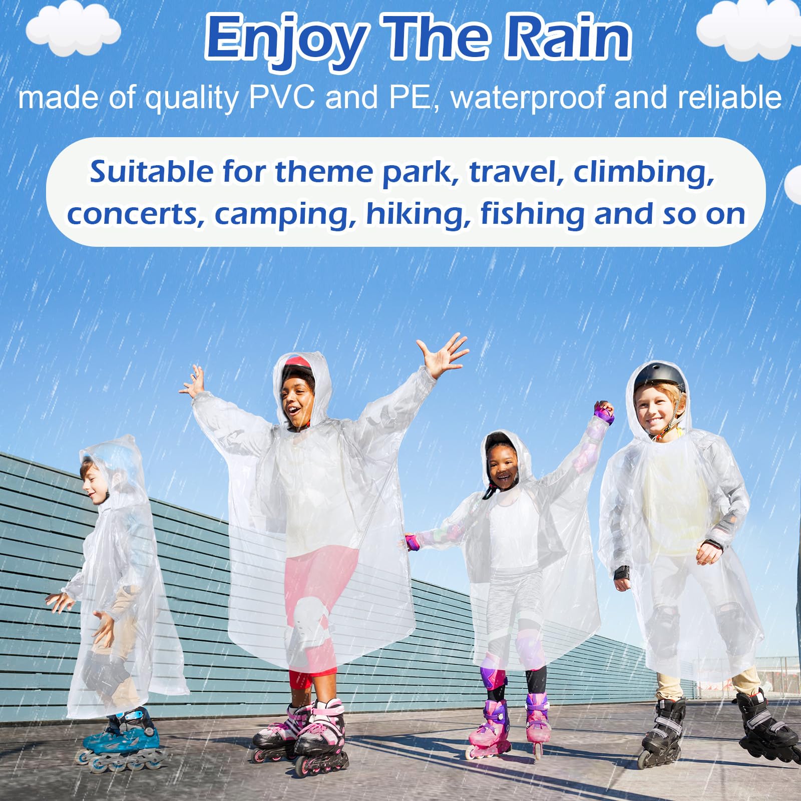 Berlune 40 poncho per bambini usa e getta per bambini, poncho antipioggia per bambini, impermeabile di emergenza con cappuccio con coulisse e maniche elastiche