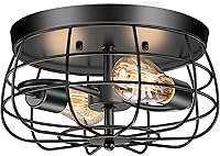 Lomoky 2-Light Farmhouse Ceiling Light - Industrial Black Metal Cage Flush Mount for Kitchen, Bedroom, Living Room, Hallway