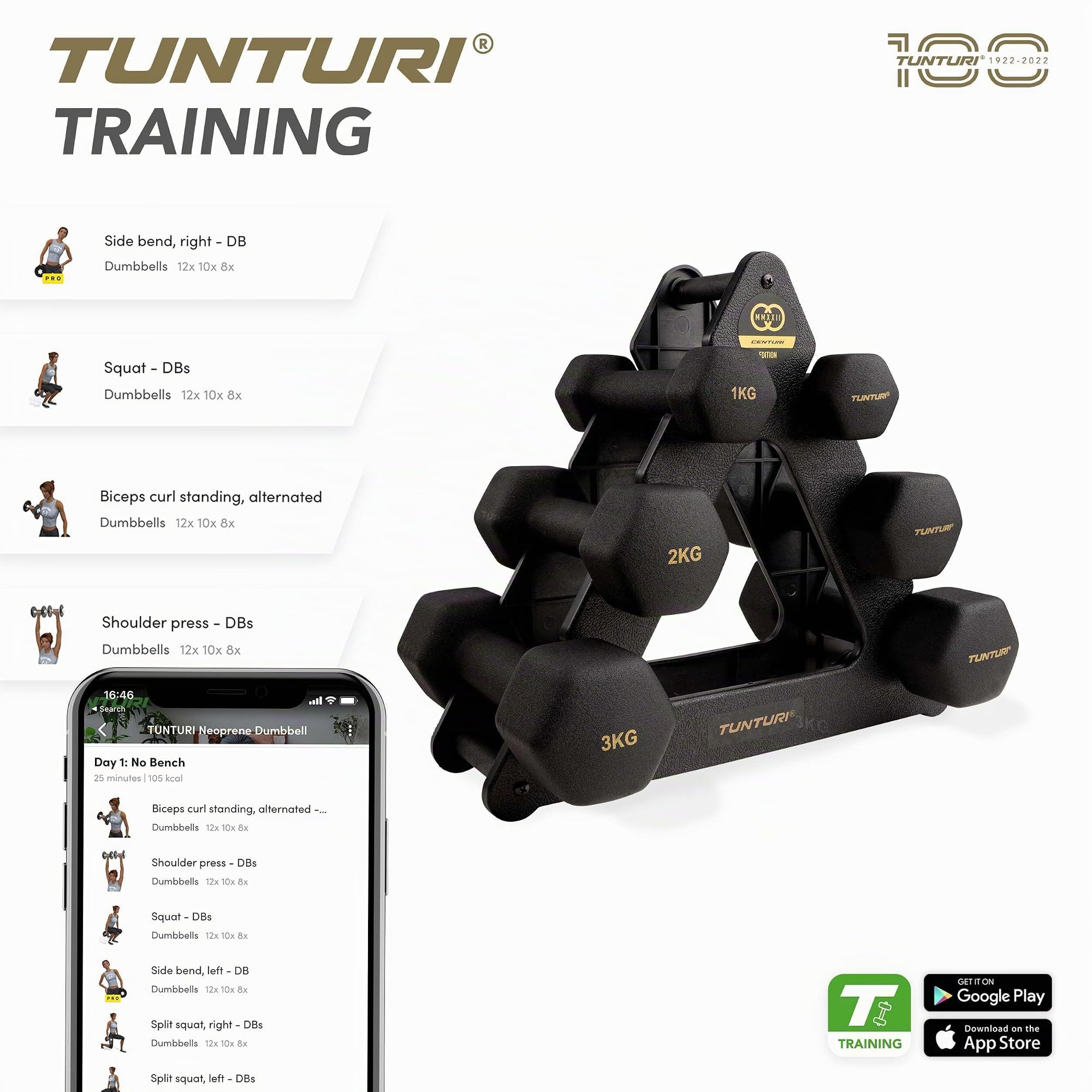 Tunturi Centuri 6er Set Kurzhanteln mit Rack, Hantelset mit je 2 x 1 kg, 2 kg, 3 kg, Kurzhantelset, Hanteln aus Gusseisen