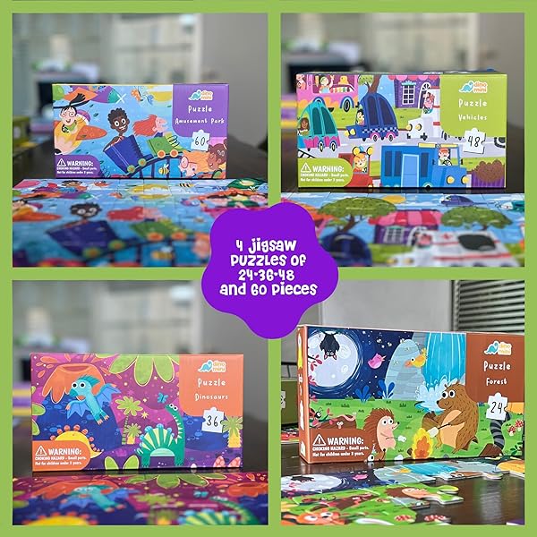 Dinomini Floor Puzzles for Toddlers 4-in-1 Value Pack - 4 x Puzzles for Toddlers 2-4 - 24,...