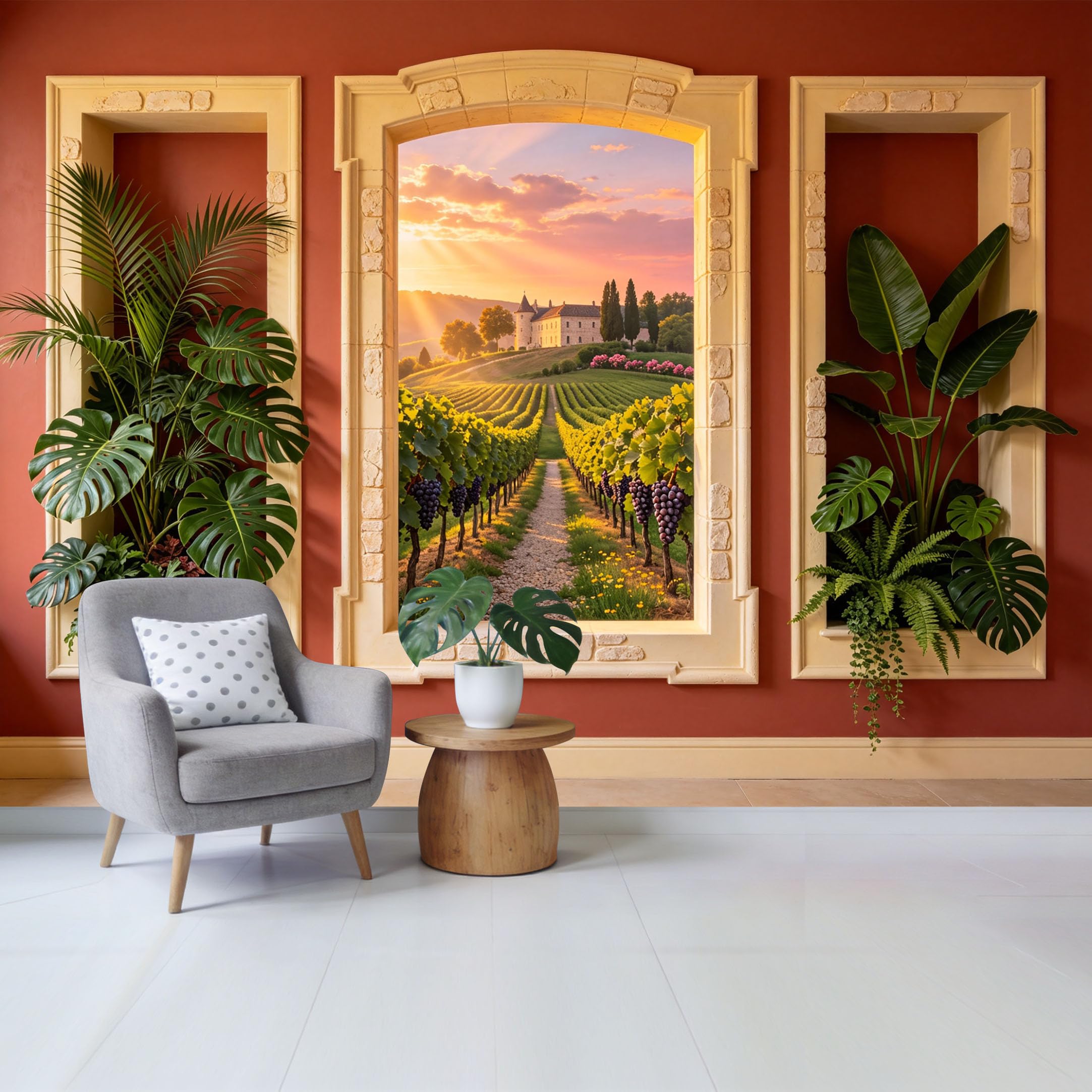 Removable Self Adhesive Fabric Mural， Tuscan Vineyard Sunset Landscape Custom Size Wall Covering， UV Protected Waterproof Washable Wall Decor for Living Room Bedroom Bathroom