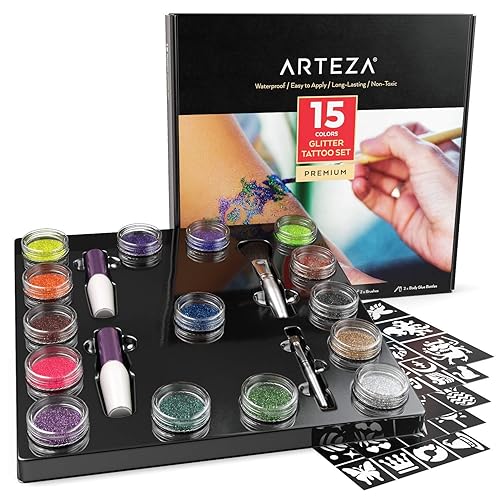 ARTEZA Kit de tatuaje con purpurina  El juego de tatuajes con purpurina corporal incluye 15 colores vibrantes, 2 pinceles, 2 aplicadores de