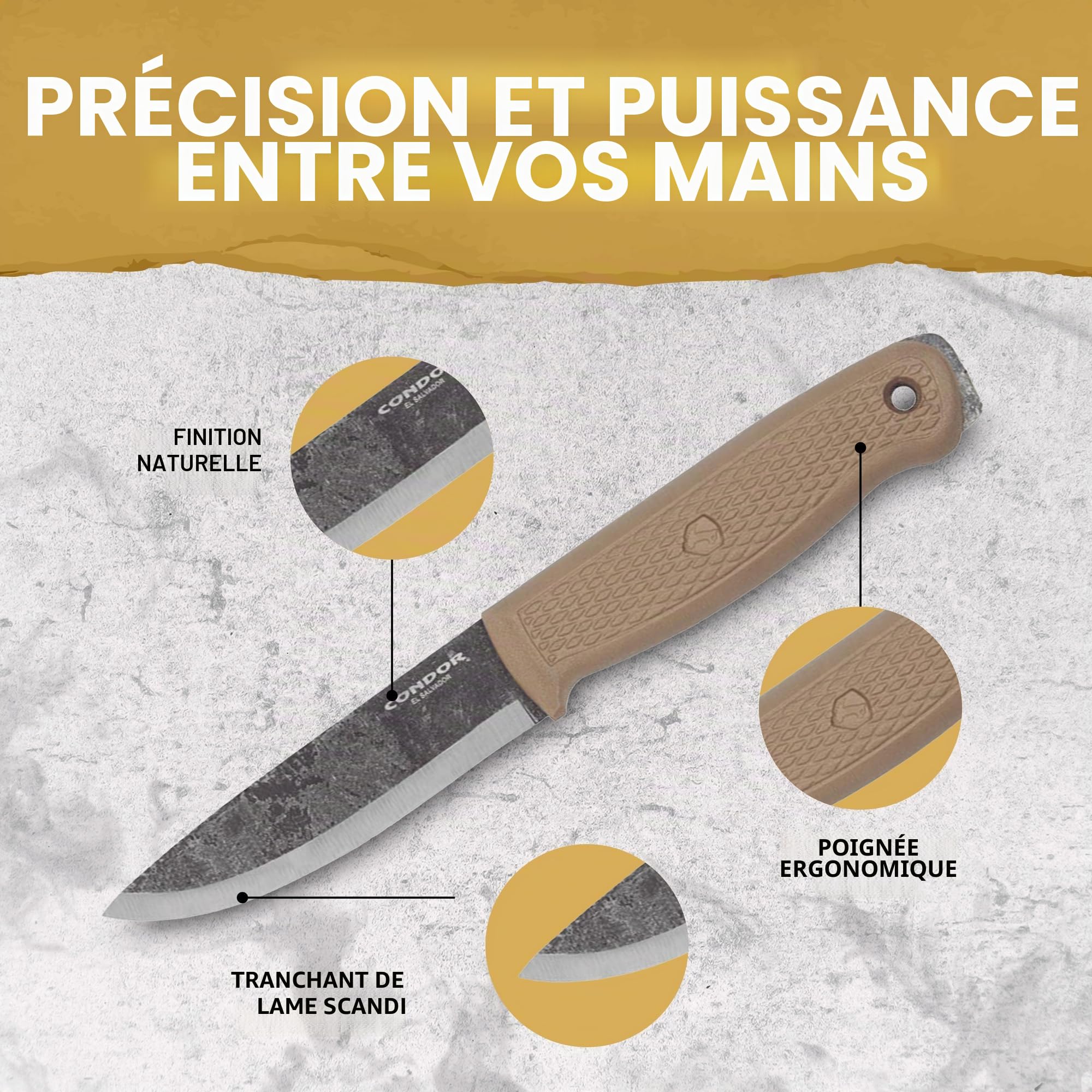 Condor Outil et couteau Terrasaur Couteau à lame fixe Desert – Acier à haute teneur en carbone 1095 – Gaine en polypropylène résistant aux impacts – Bord scandinave – Épaisseur 3 mm – Lame de 10,7 cm