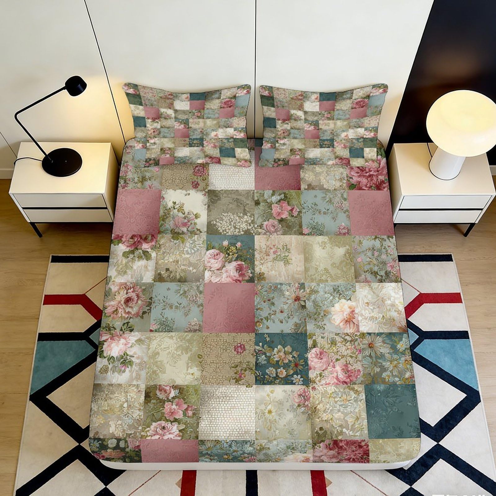 3D Printed Vintage Patchwork Fitted Sheet Microfiber Floral Pastel Bed Cover for Bedroom Guest Room Decor 90x200x25cm