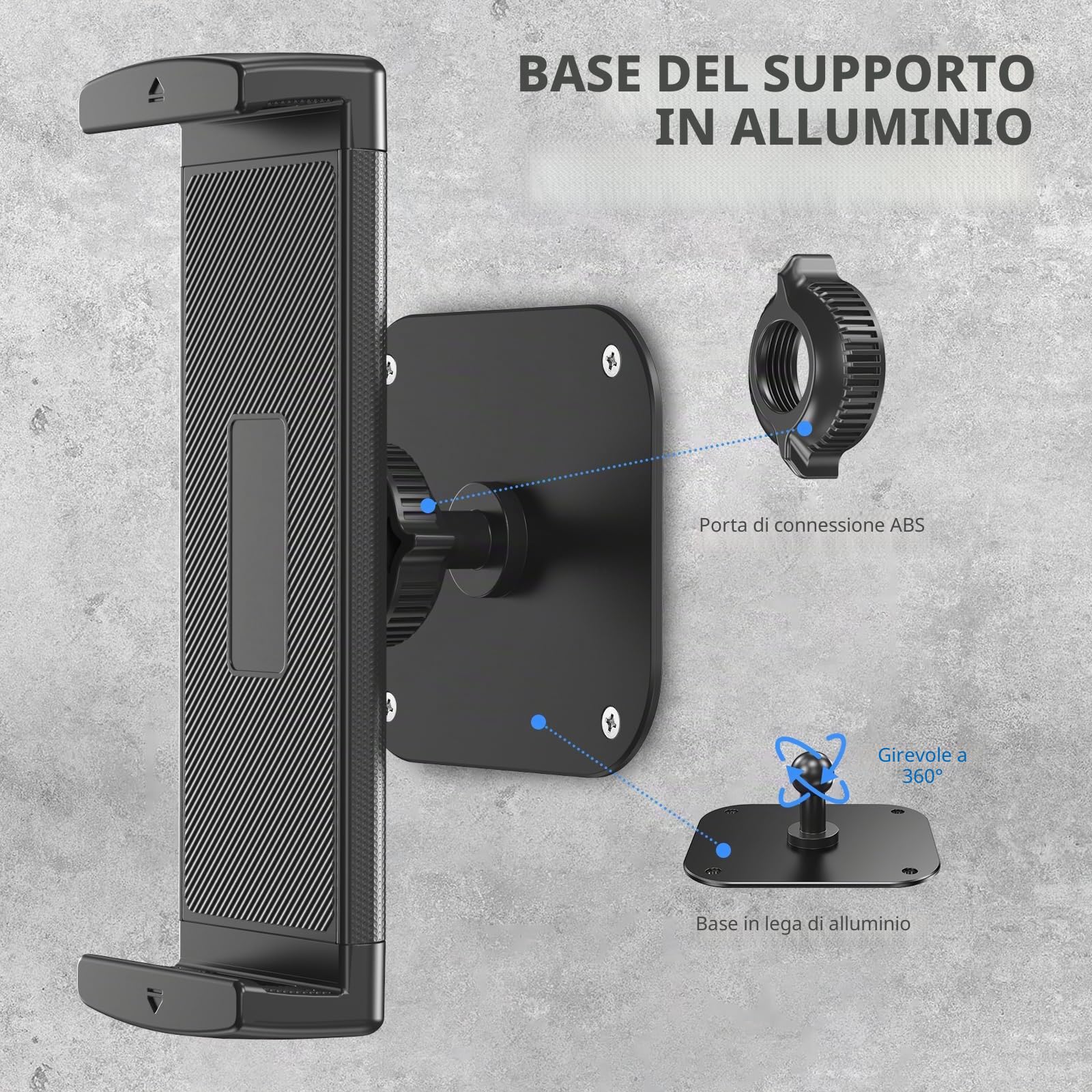 Supporto da Parete per Tablet e iPad in Alluminio, Regolabile 360°, Compatibile iPad Pro/Mini, Galaxy Tab, Surface Pro