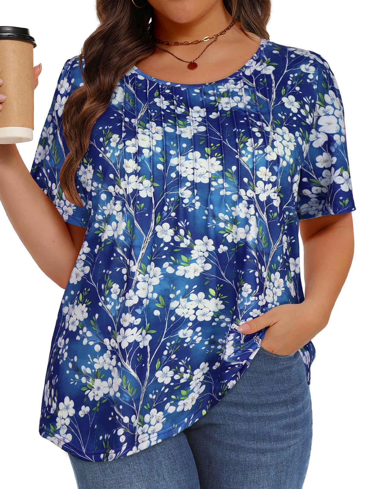 Plus Size Tops for Women Summer Pleated Short Sleeve Shirts Casual Blouses