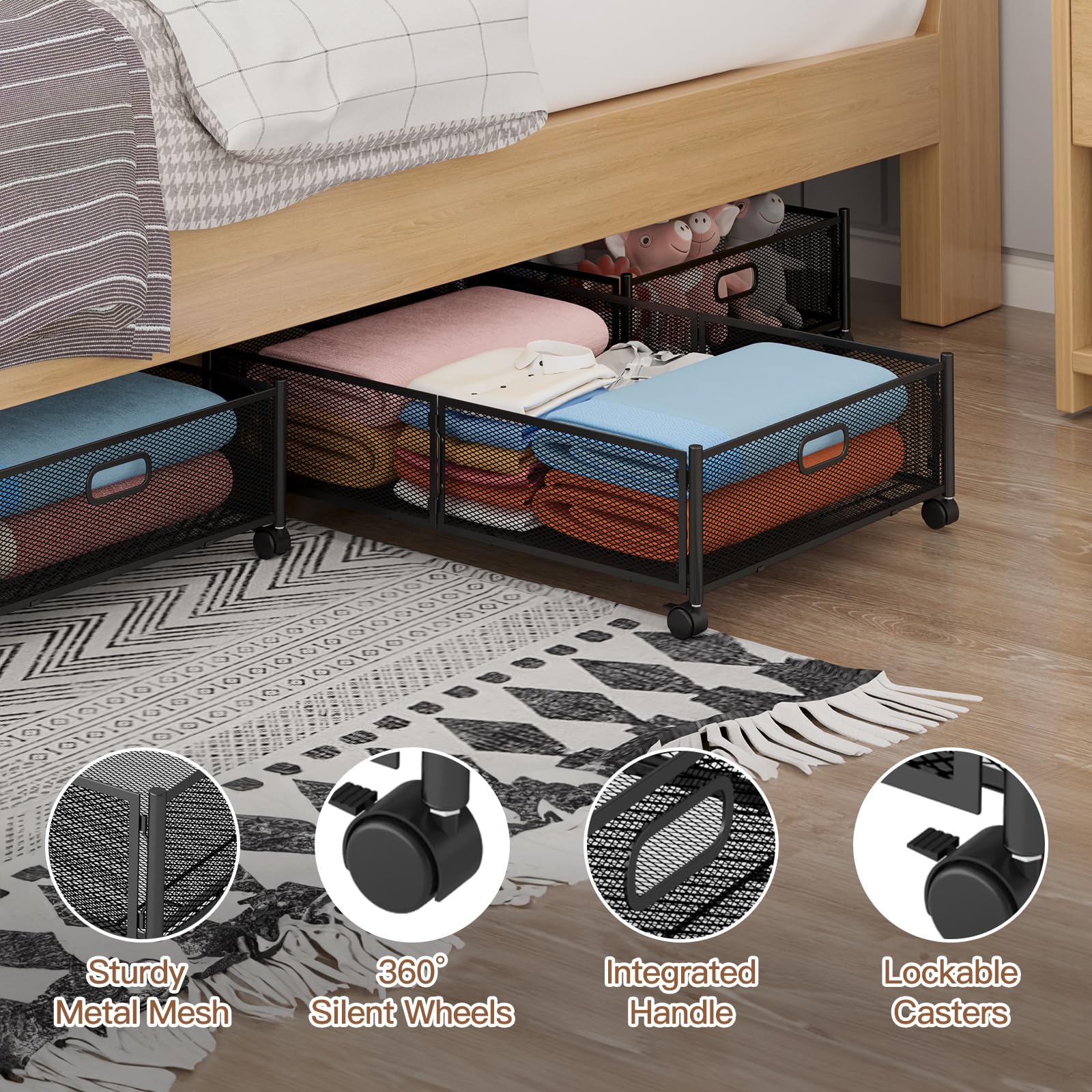 Gawerk Unterbettkommode mit Rollen, faltbarer Metallgitter-Unterbett-Aufbewahrungsbehälter, werkzeuglose Montage, Kleiderschublade, Organizer, 2 Stück