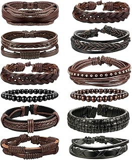 FIBO STEEL 12-17 Pcs Leather Bracelet for Men Women Woven Cuff Bracelet Adjustable, Leather Wood,