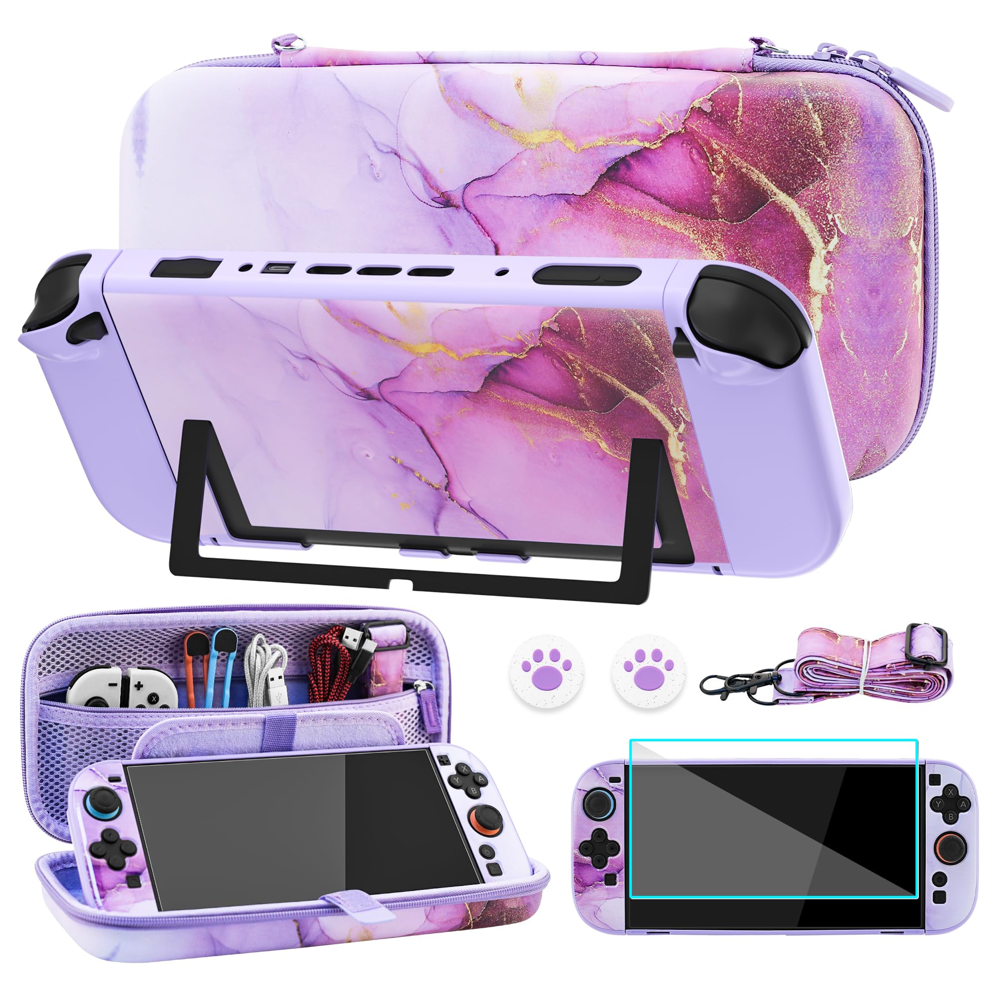 FUNDIARY Custodia da viaggio per Nintendo Switch 2 con design marmo viola, accessori carini con custodia portatile, custodia protettiva agganciabile, pellicola proteggi schermo, tracolla e 2 tappi per