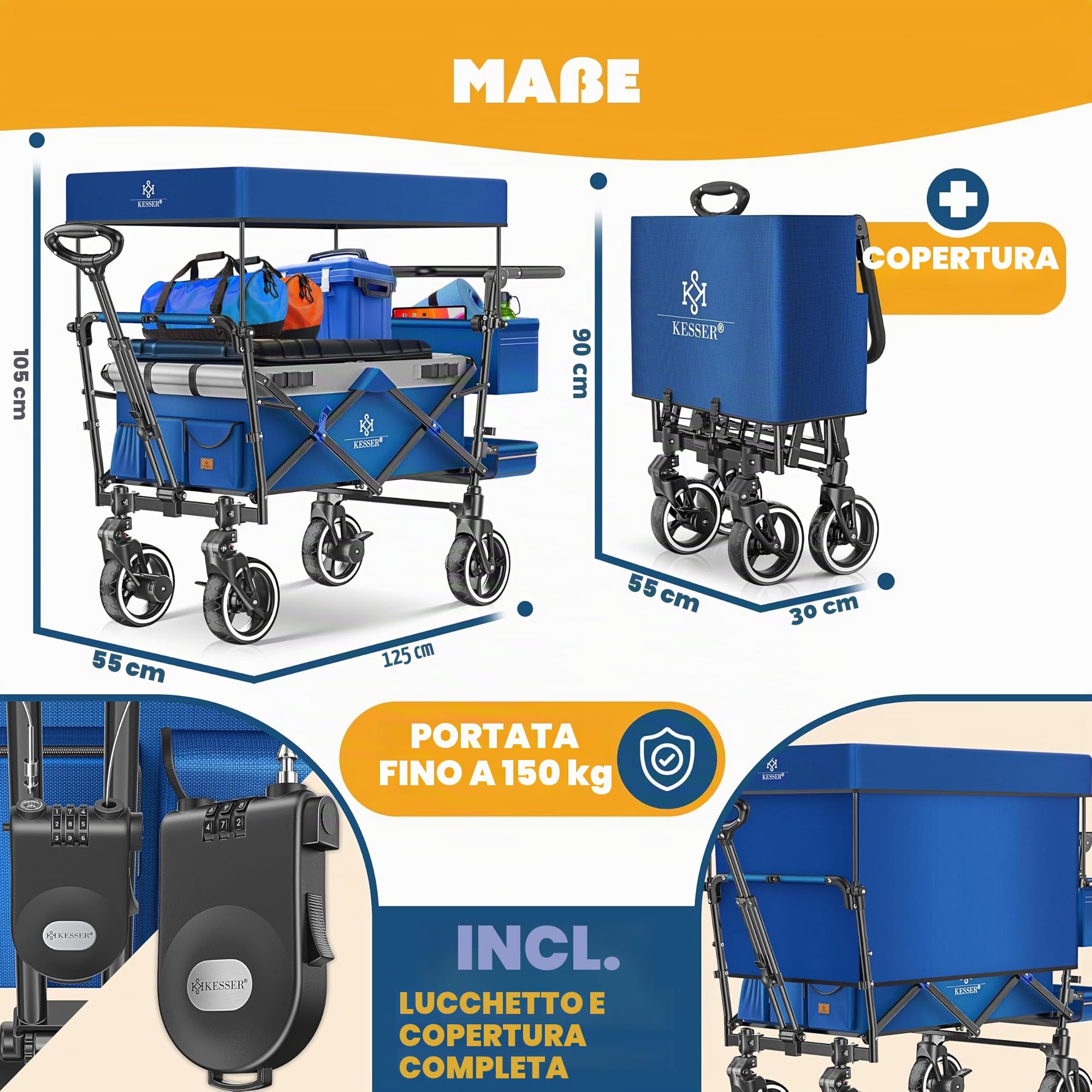 KESSER® GTS-9100 - Carrello pieghevole con tetto, portata fino a 150 kg, ruote in gomma dura, freni anteriore/posteriore, serratura, copertura e protezione da intemperie