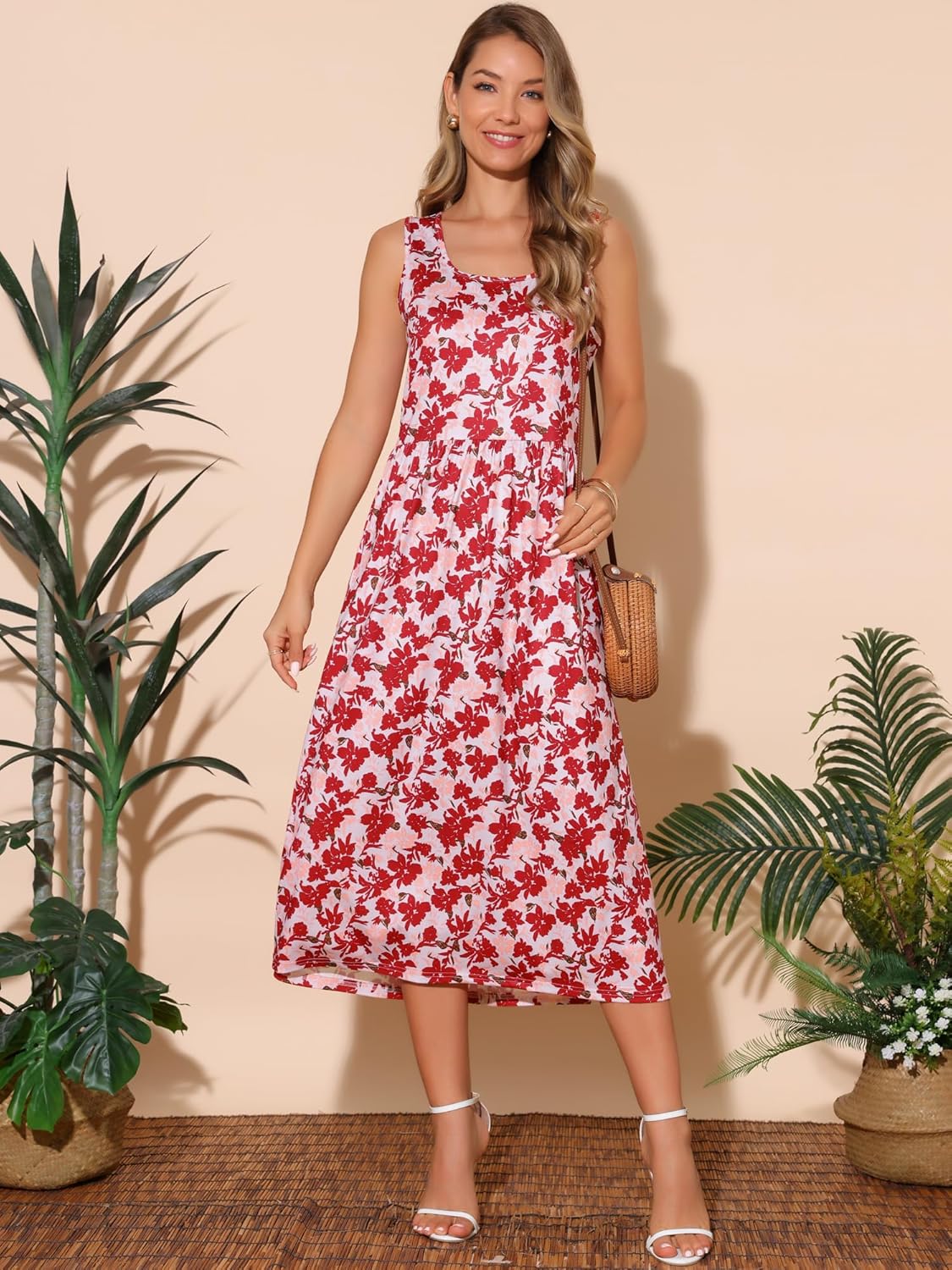 Seta T Women's Sleeveless Midi Dresses Summer Floral Boho Sundresses Beach Flowy Tank Dress with Pocket - Image 3