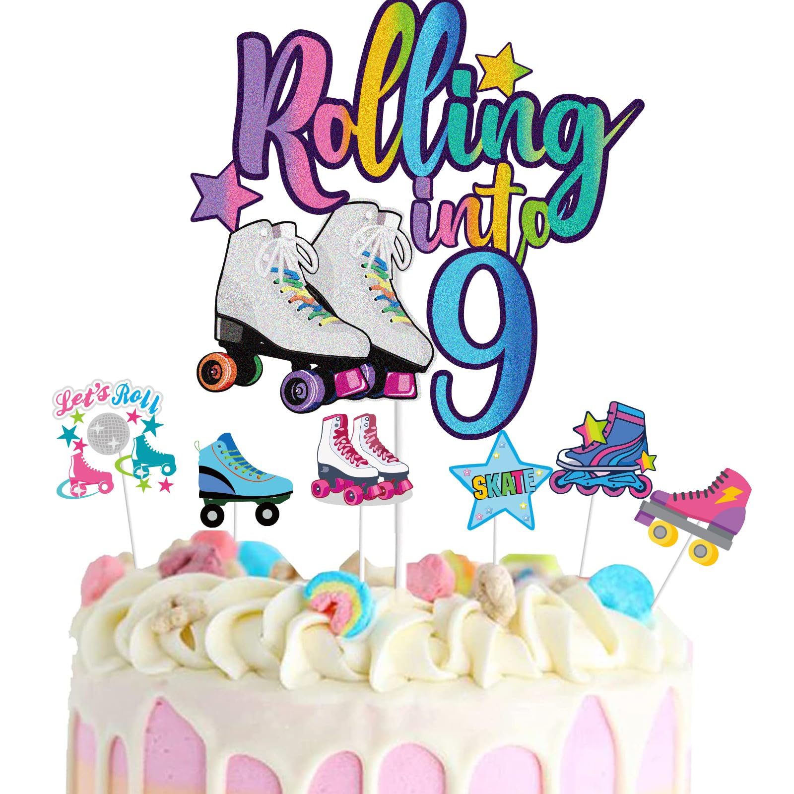 WINPOGEE 7Pcs Rolling into 9 Theme Cake Toppers Sets Roller Skate Happy 9th Birthday Themed Set Cake Decoration Girls Club Rolling 9 Years Old