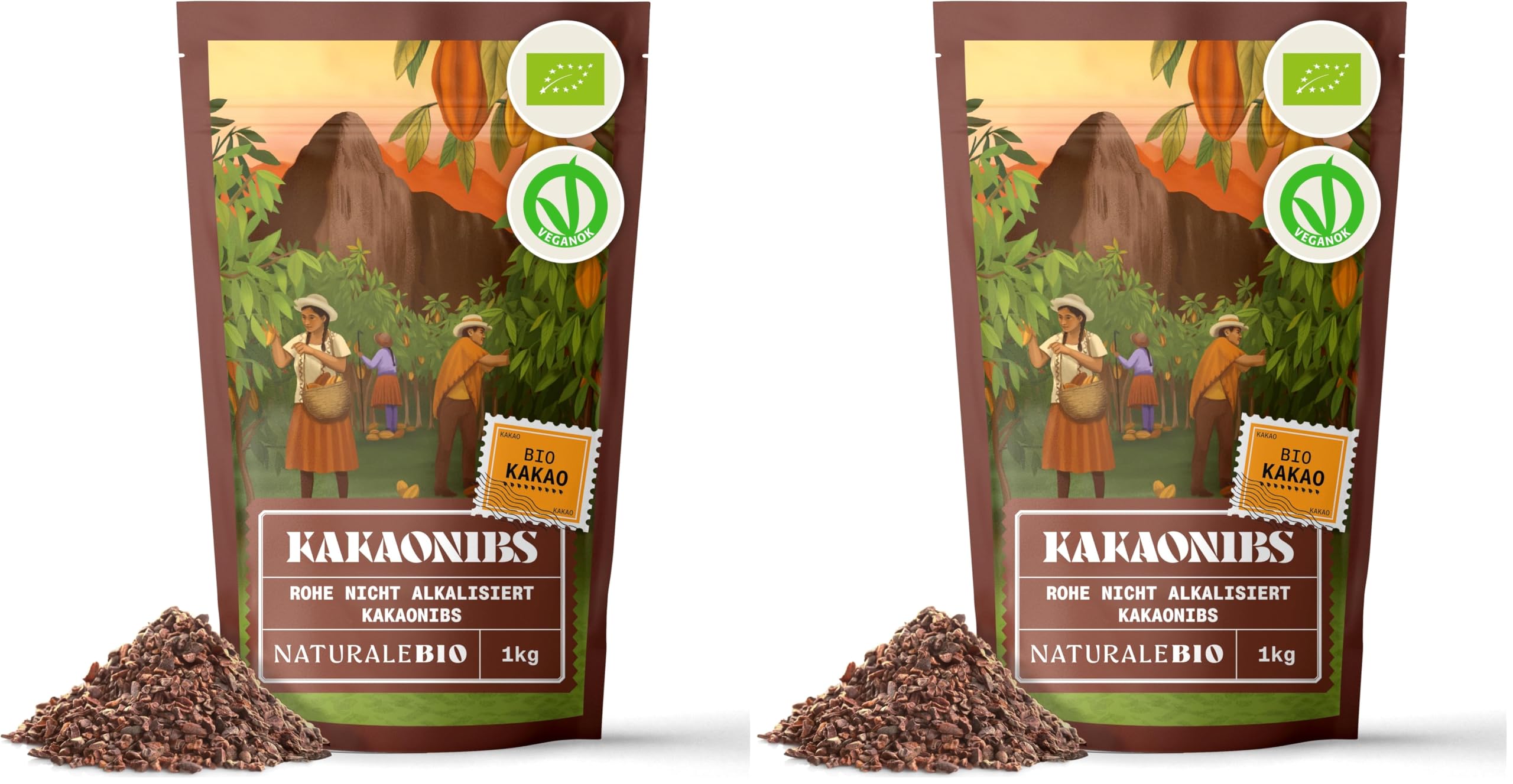 NaturaleBio Roh Kakao Nibs 1Kg. Organic Raw Cacao Nibs. Rohkost, natürlich und rein. Produziert aus der Theobroma Pflanze. Quelle für Magnesium, Kalium und Eisen. (Packung mit 2)