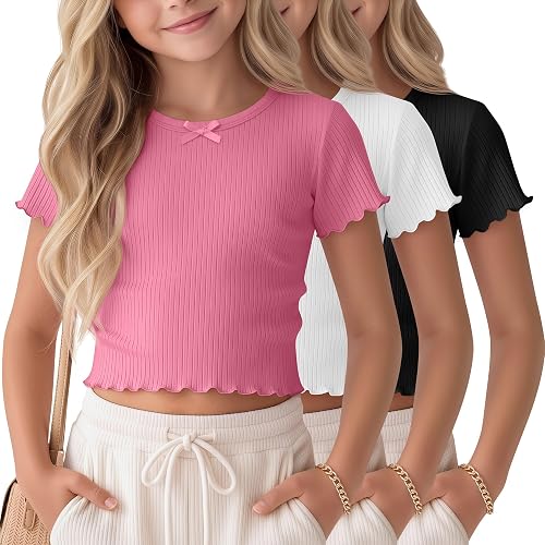 Mumucove Girls Ribbed Cotton Crop Tops, 3-Color, 13-14 Years