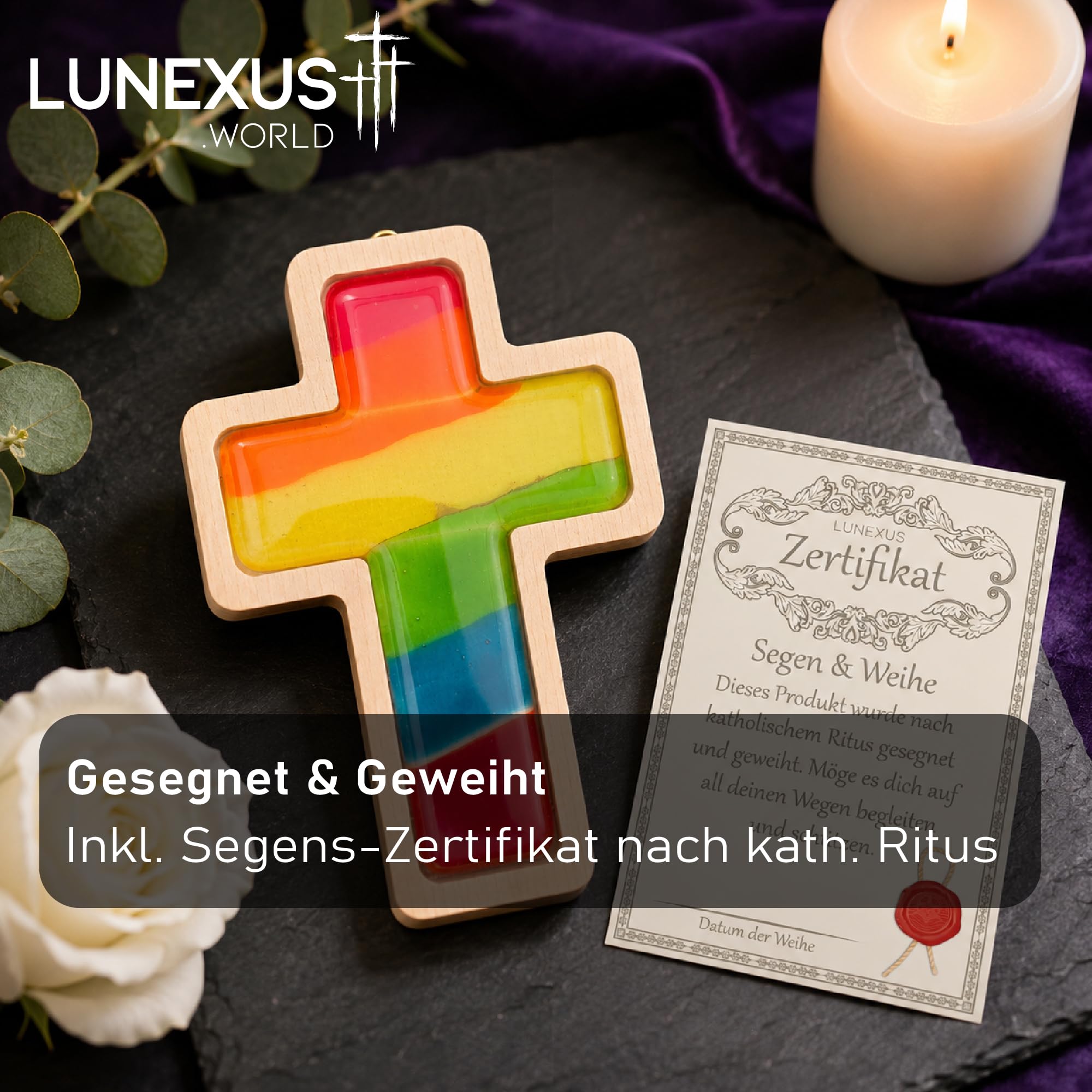 Lunexus Krzyż ścienny drewno szkło tęcza 17 x 12 cm