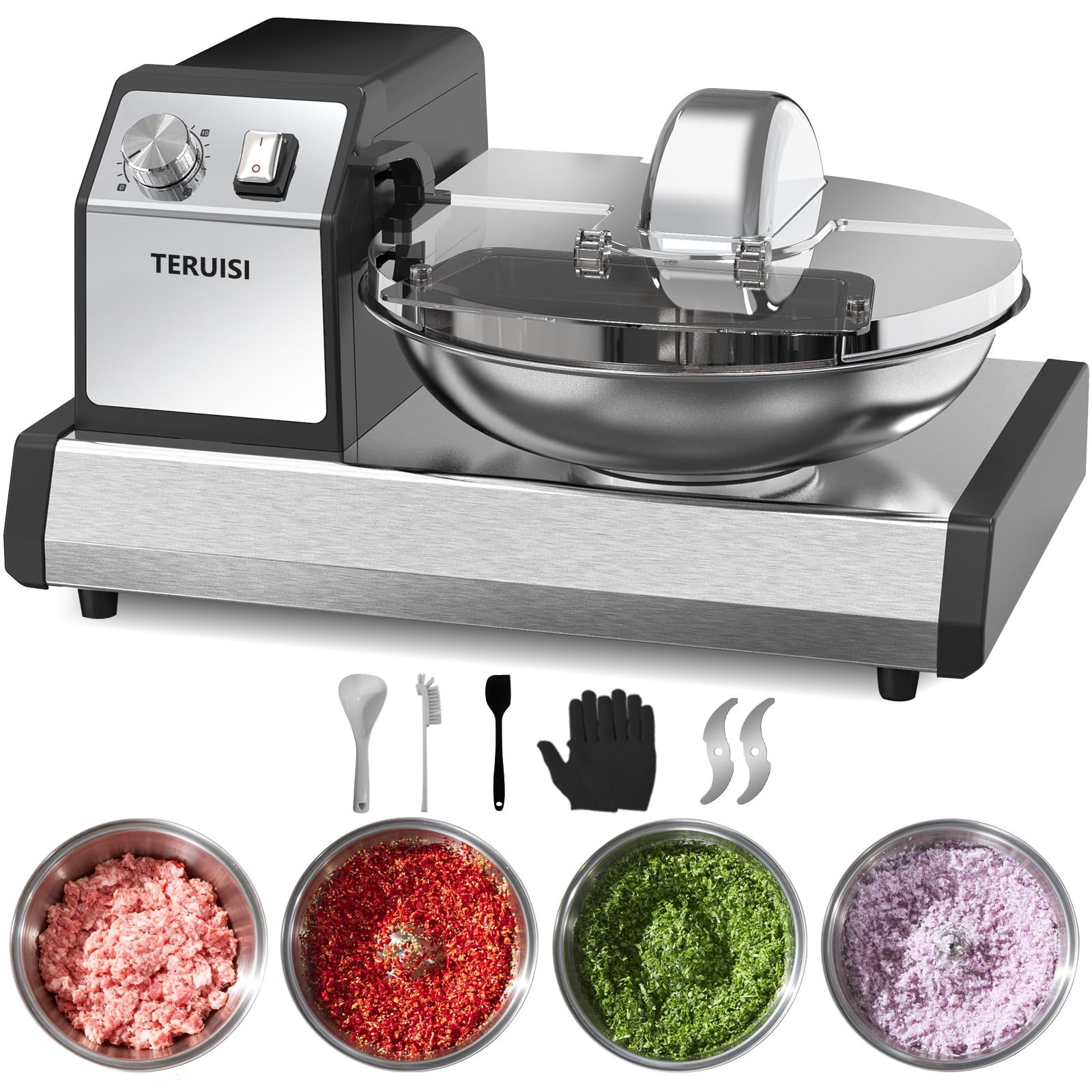 Robot Culinaire Professionnel, Hachoir à Viande Électrique 250W 1500RPM, Bol Inox 5,7L avec Minuterie 0-15 Min, Mixeur Légumes et Pétrin pour Cuisine Commerciale