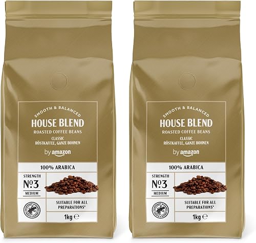 by Amazon House Blend Grains de café, 100% Arabica, Torréfaction Moyennement Poussée, 2kg, 2 lot de 1kg - Certifiés Rainforest Alliance - 1