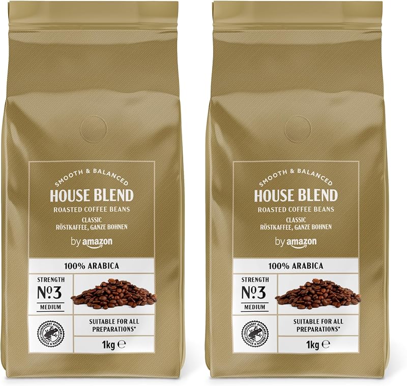 by Amazon House Blend Grains de café, 100% Arabica, Torréfaction Moyennement Poussée, 2kg, 2 lot de