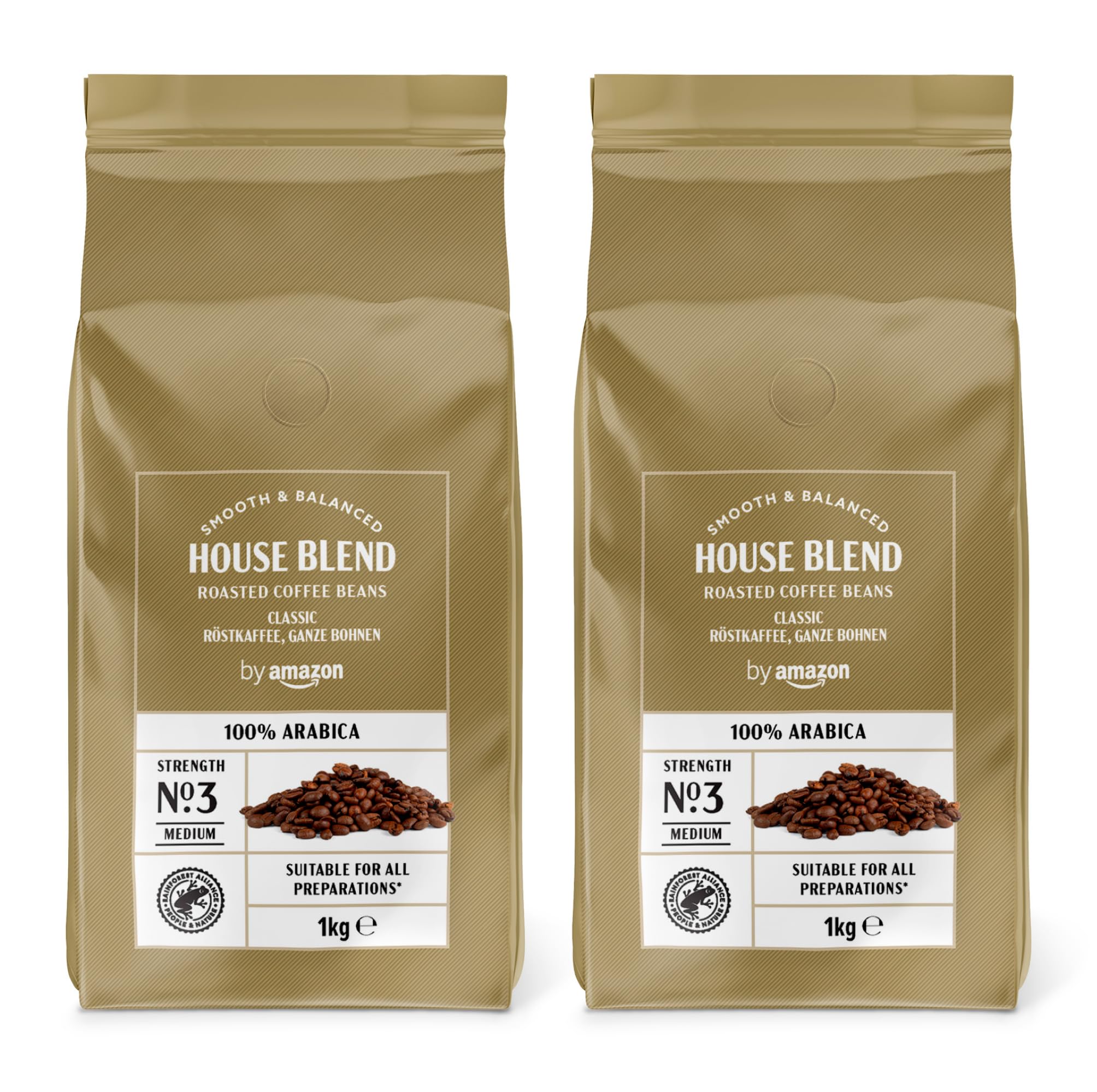 by Amazon House Blend Coffee Beans, Medium Roast, 2kg (2 Packs of 1kg), Rainforest Alliance Certified