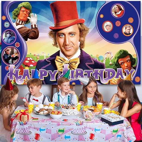 Miniatura 7 de Willy Wonka - Suministros para fiestas, decoraciones de fiesta con temática de Willy Wonka, pancarta de feliz cumpleaños para niños, fondo de fondo