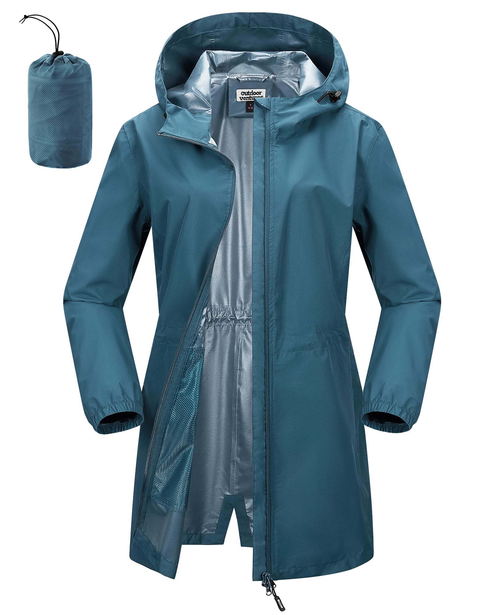 Outdoor Ventures Womens Waterproof Long Rain Coats Packable Lightweight Rain Jacket With Hood Windproof Trench Coats