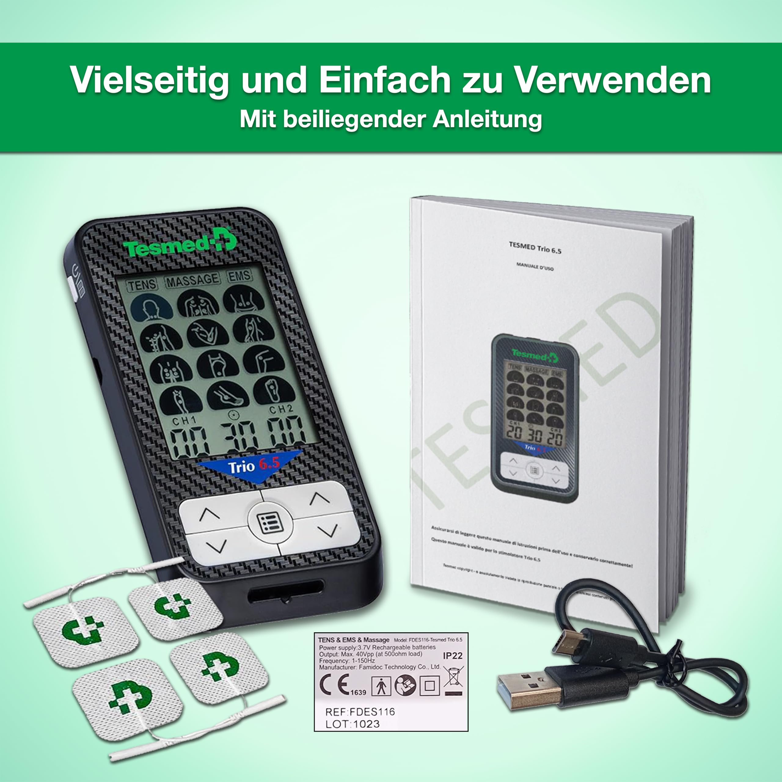 TESMED Trio 6.5: Wiederaufladbarer Muskel-Elektrostimulator per USB - 36 Programme, 40 Intensitätsstufen, 4 Elektroden - EMS, TENS und Massage - Ideal für Fitness und Schmerztherapie