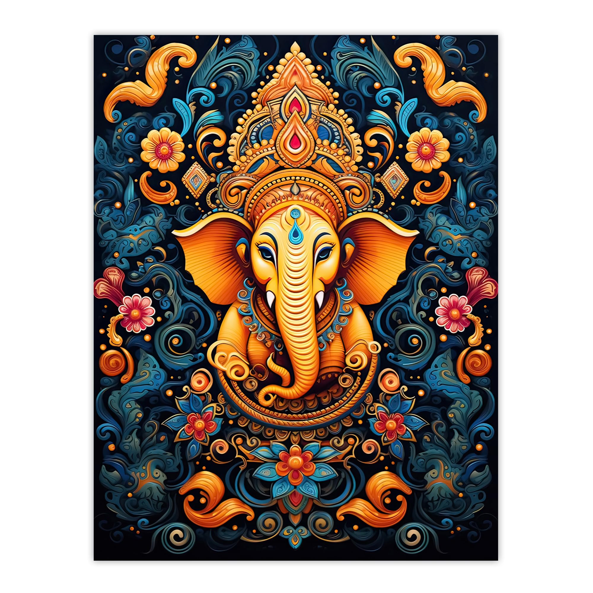 Artery8 Ganesha and Flowers Hindu Concept Art Orange Blue Vibrant Ornate Floral Pattern Design with Elephant Unframed Wall Art Print Poster Home Decor Premium