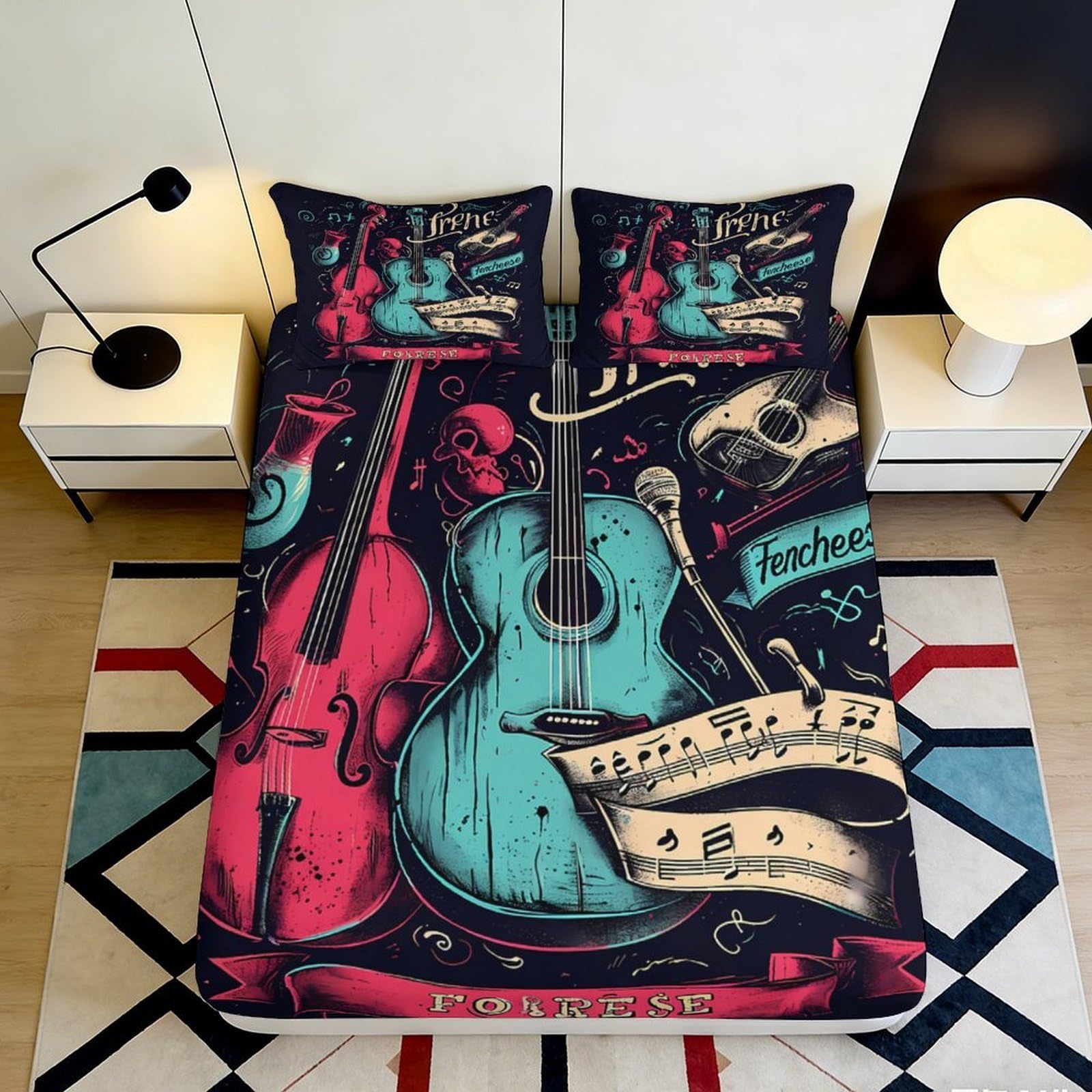 3D Printed Musical Instrument Fitted Sheet Microfiber Durable Soft Bed Cover with Guitar and Violin Design Mattress Cover for Bedroom Dormitory Guest Room 120x200x25cm