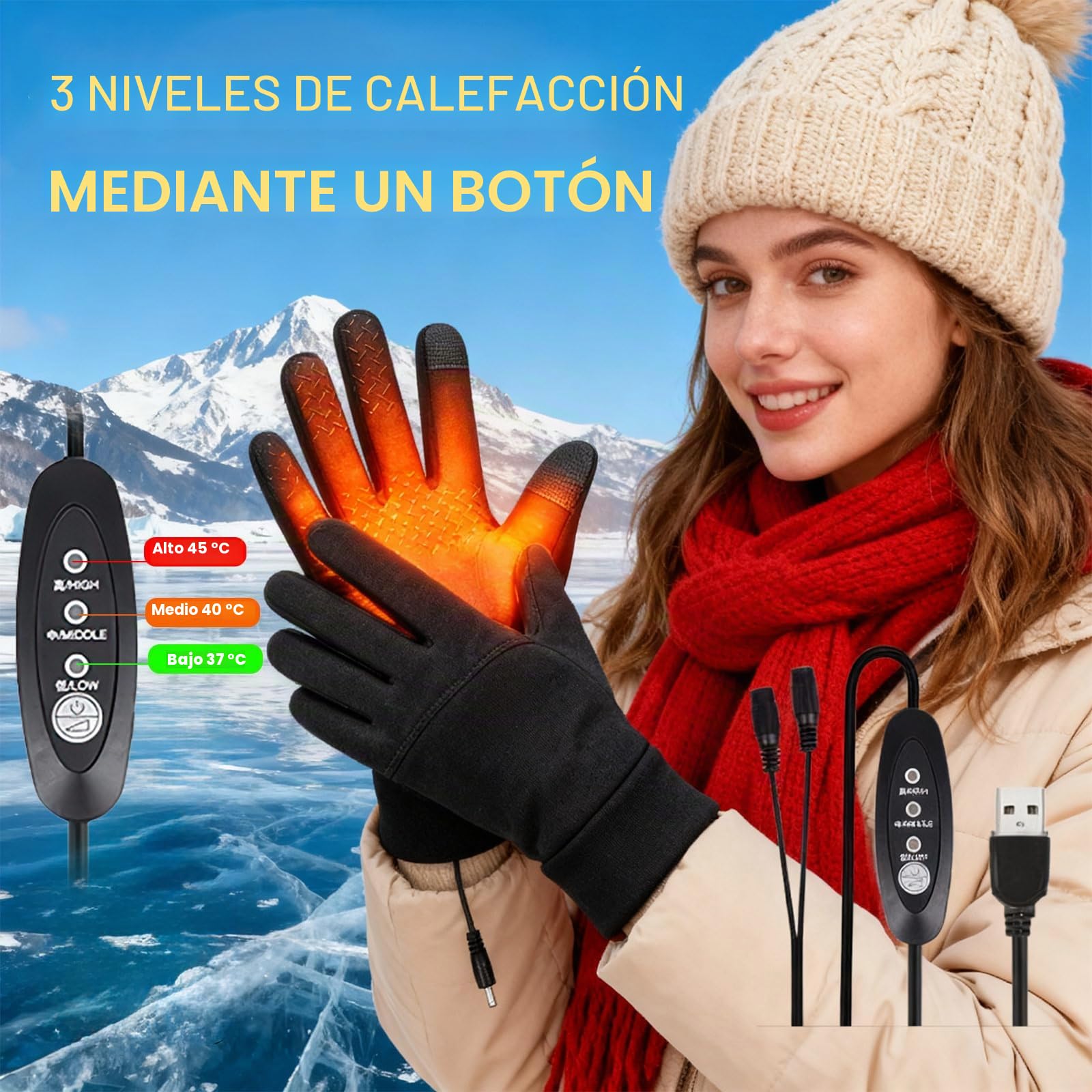 Guantes Calefactables USB Impermeables Cortavientos 3 Temperaturas 45°C-55°C para Esquí Bicicleta